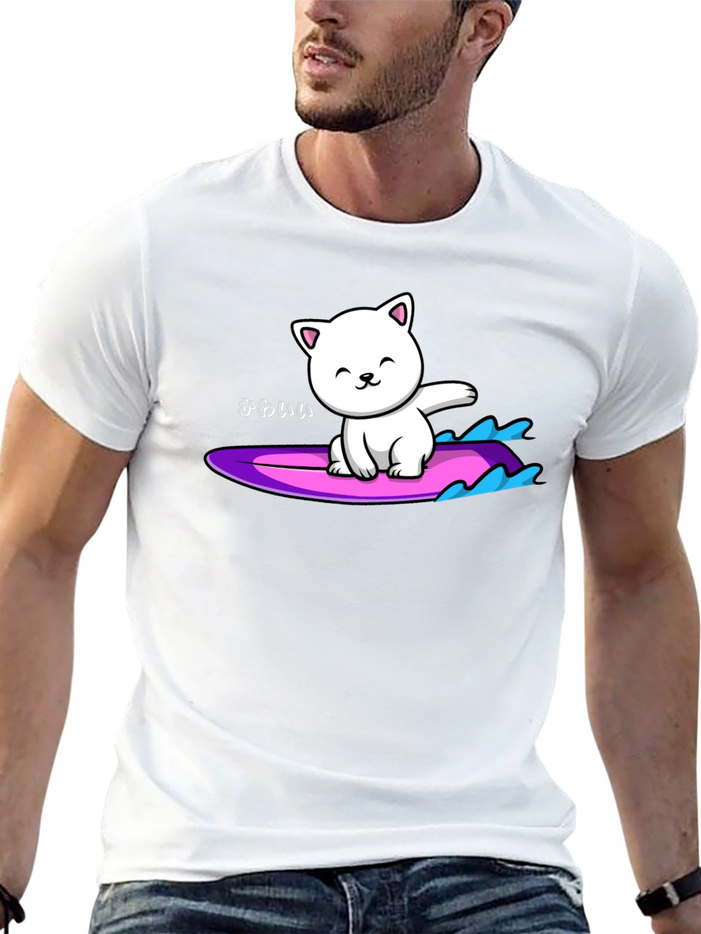 Kawaii Cat Surfing Graphic Tee - Black