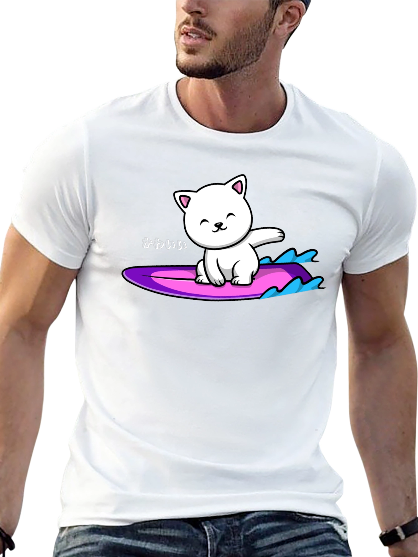 Kawaii Cat Surfing Graphic Tee - Black
