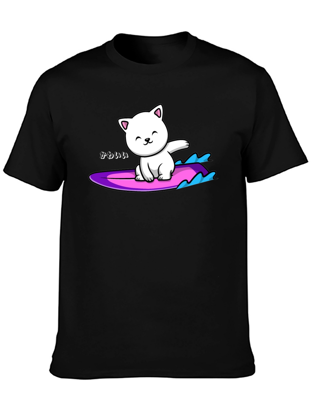 Kawaii Cat Surfing Graphic Tee - Black