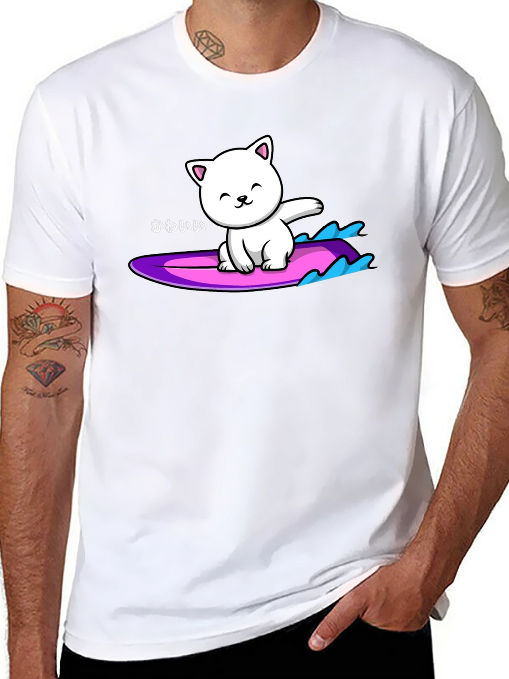 Kawaii Cat Surfing Graphic Tee - Black