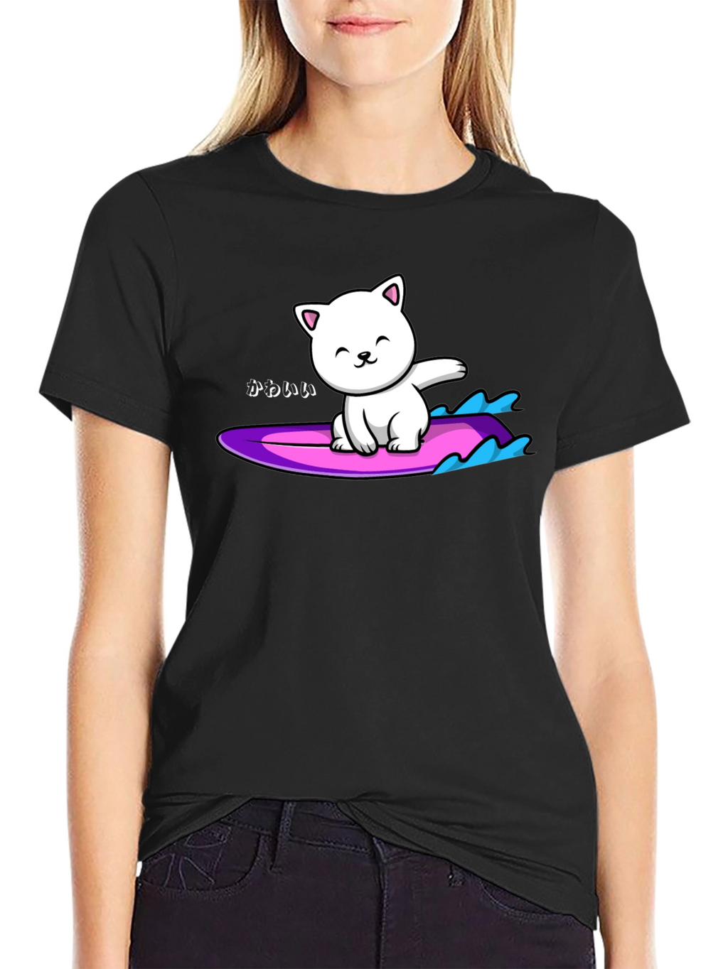 Kawaii Cat Surfing Graphic Tee - Black