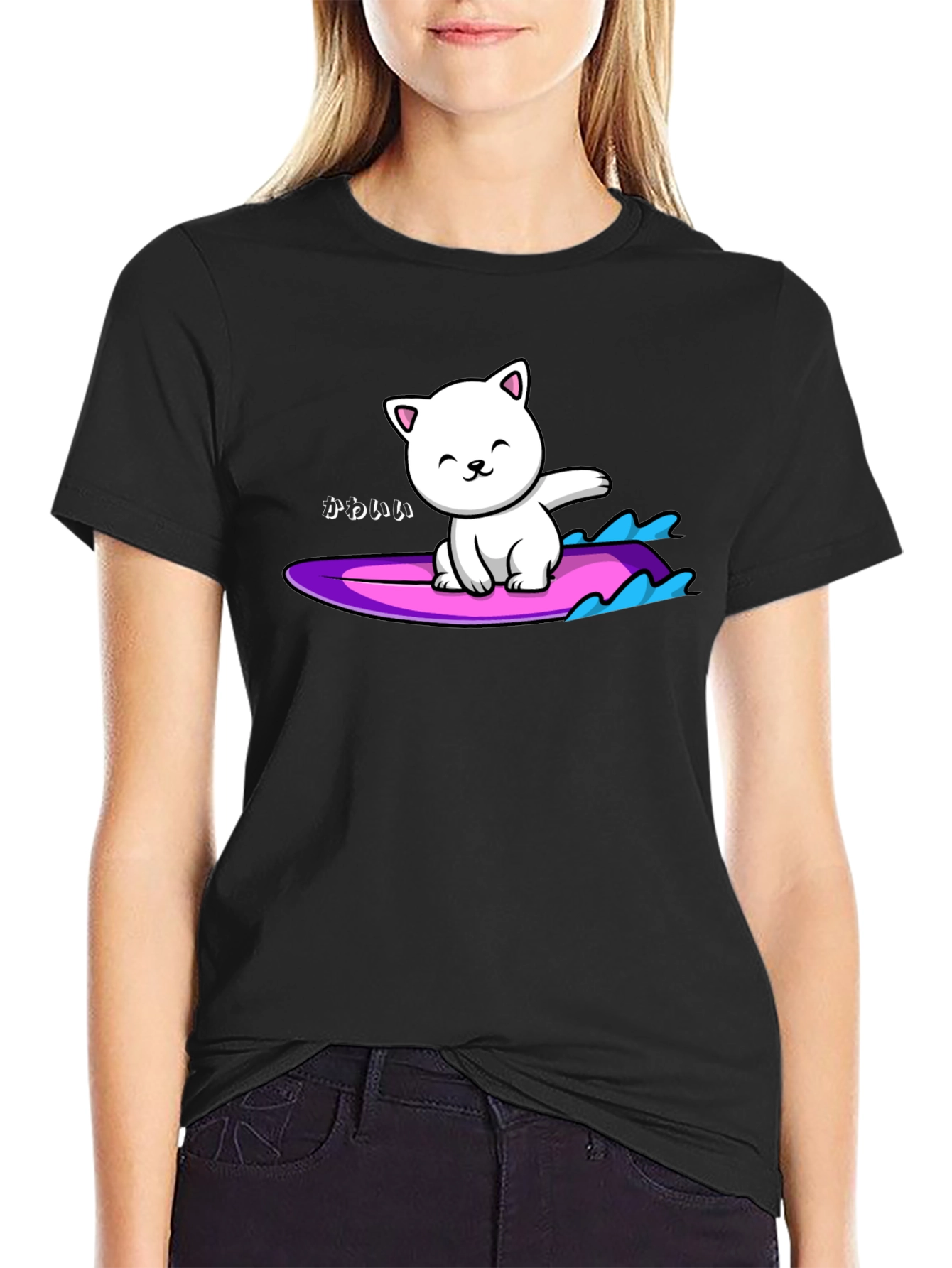 Kawaii Cat Surfing Graphic Tee - Black