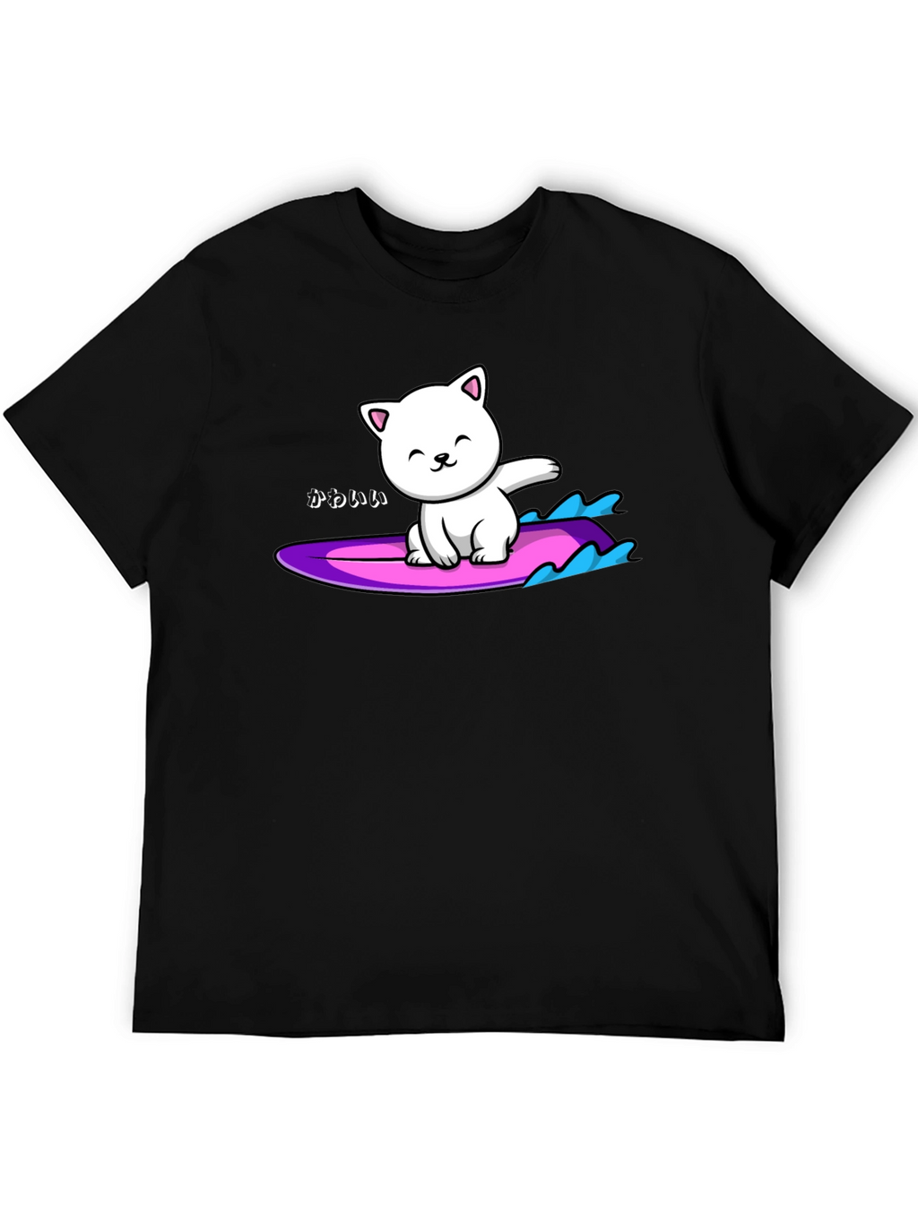 Kawaii Cat Surfing Graphic Tee - Black