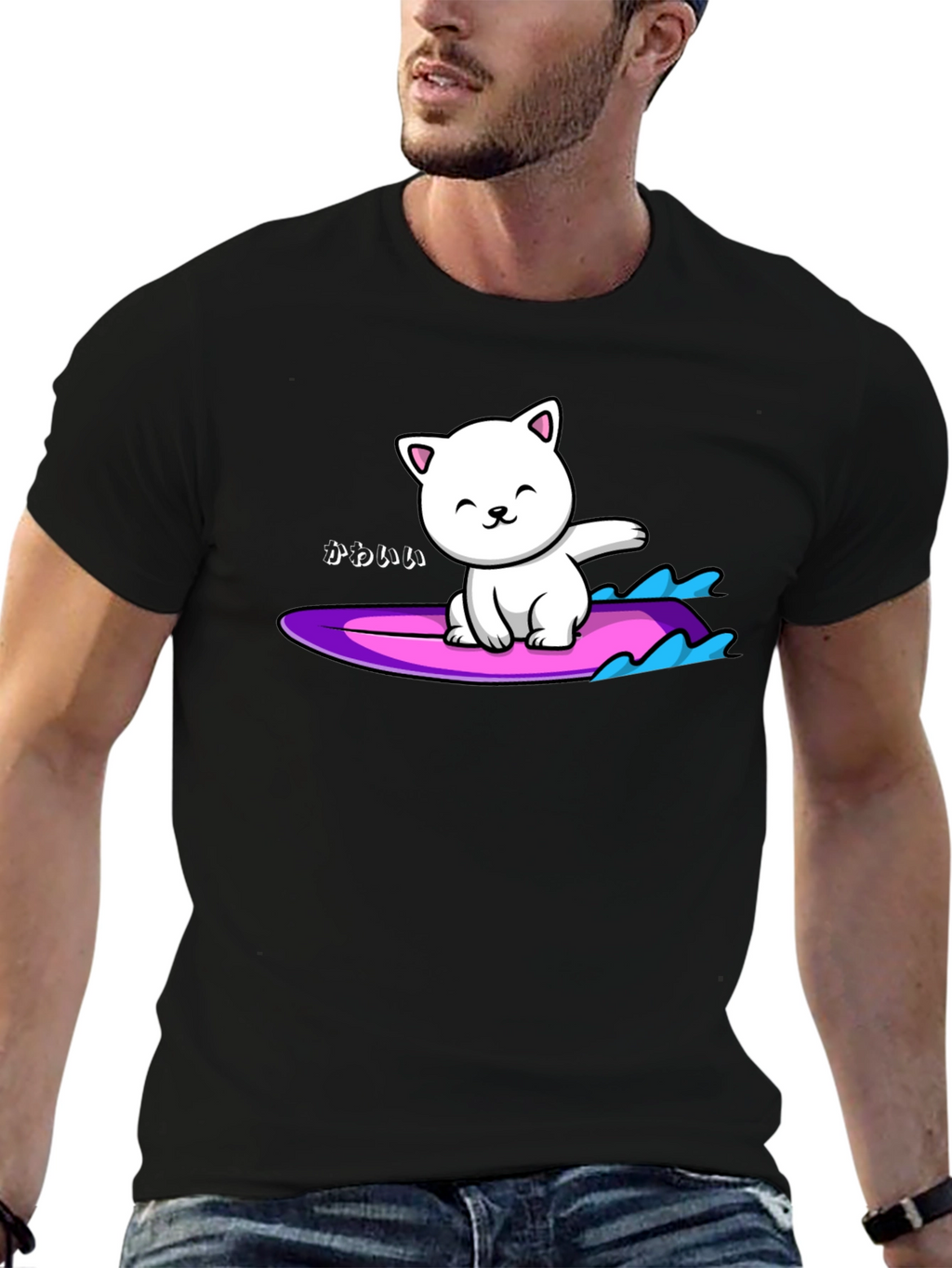 Kawaii Cat Surfing Graphic Tee - Black