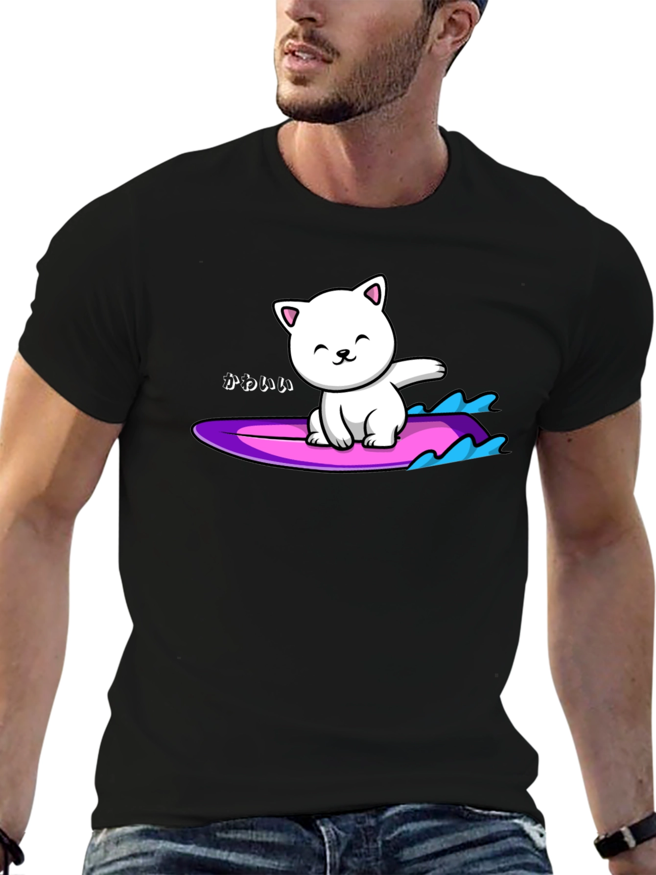 Kawaii Cat Surfing Graphic Tee - Black