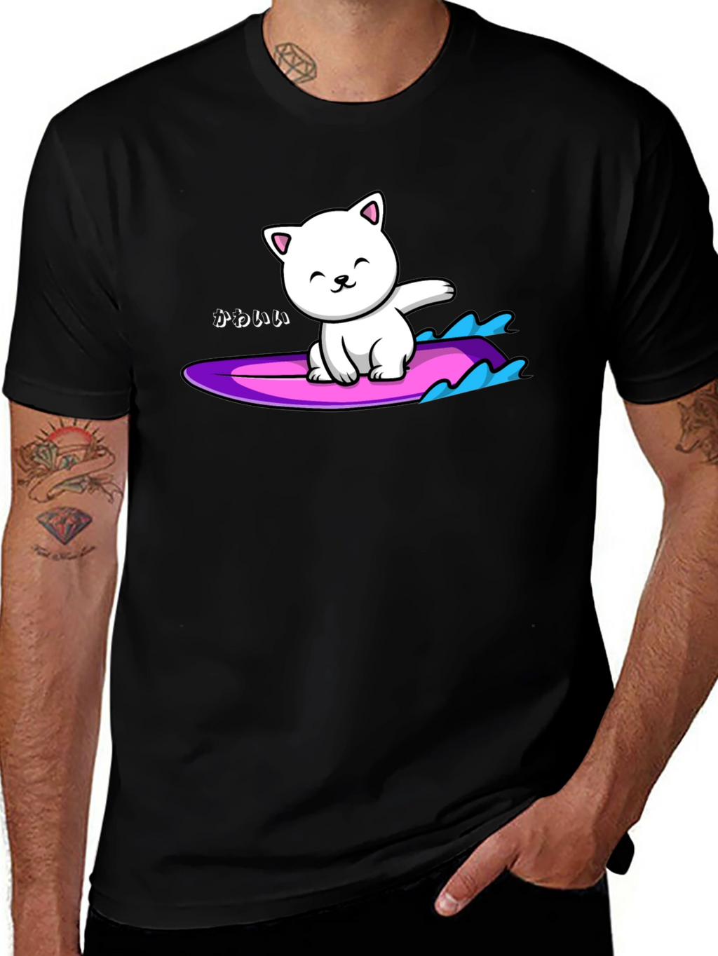 Kawaii Cat Surfing Graphic Tee - Black