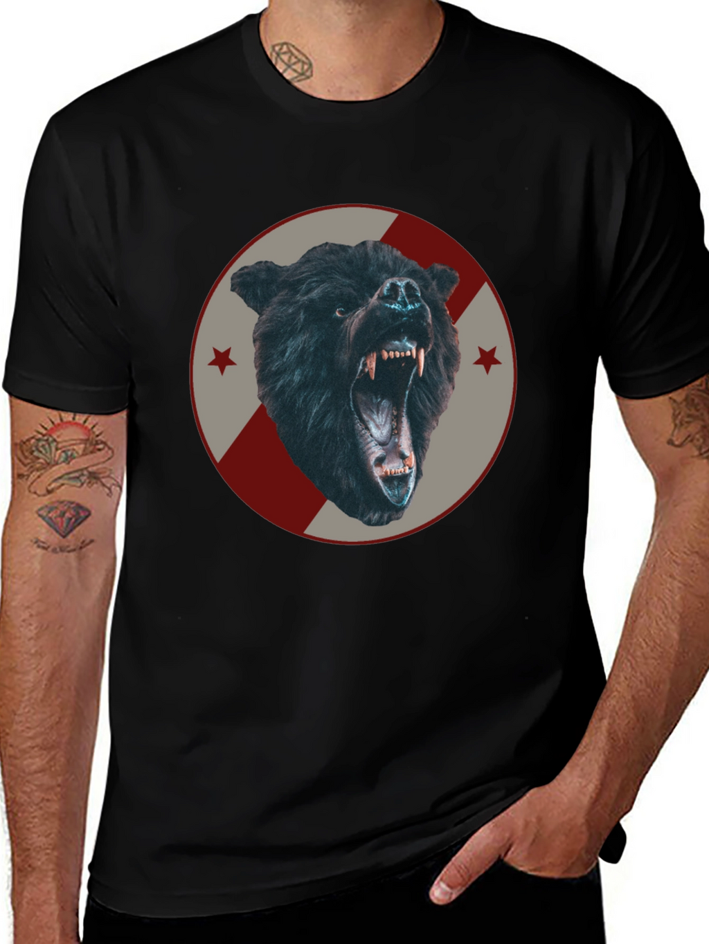 Mens Black Bear Graphic Tee - Fierce Animal Design