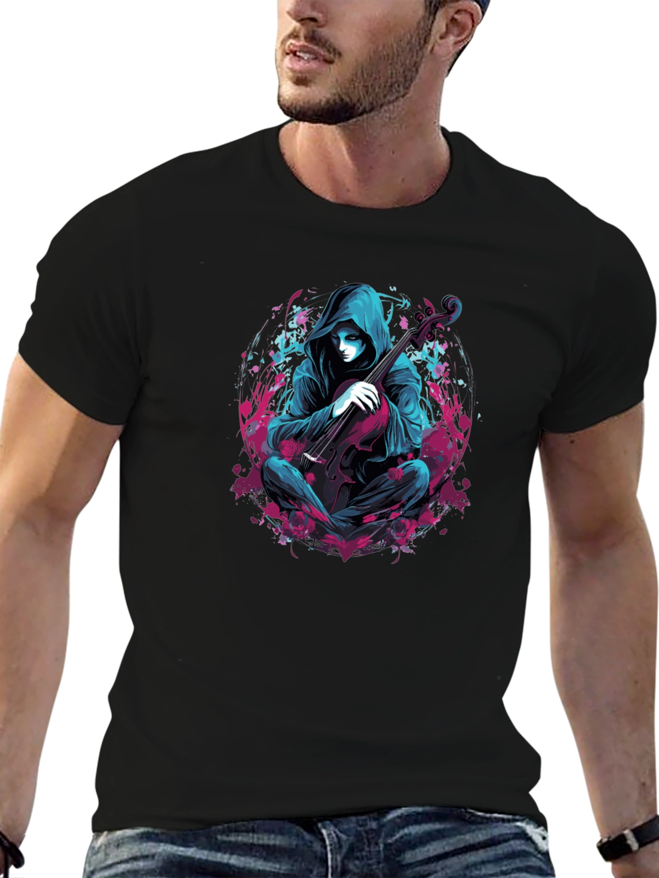 Hooded Musician Graphic Tee - Darkwave Style