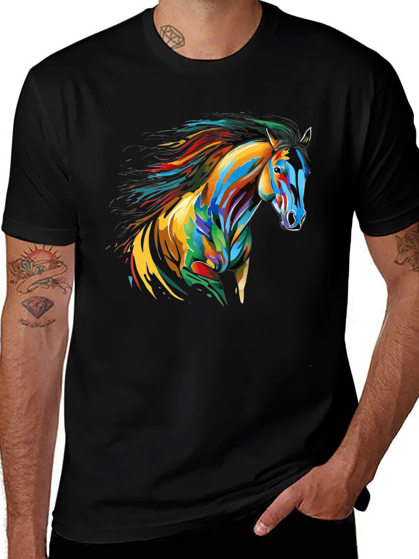 Colorful Horse Graphic Tee - Mens Black T-Shirt