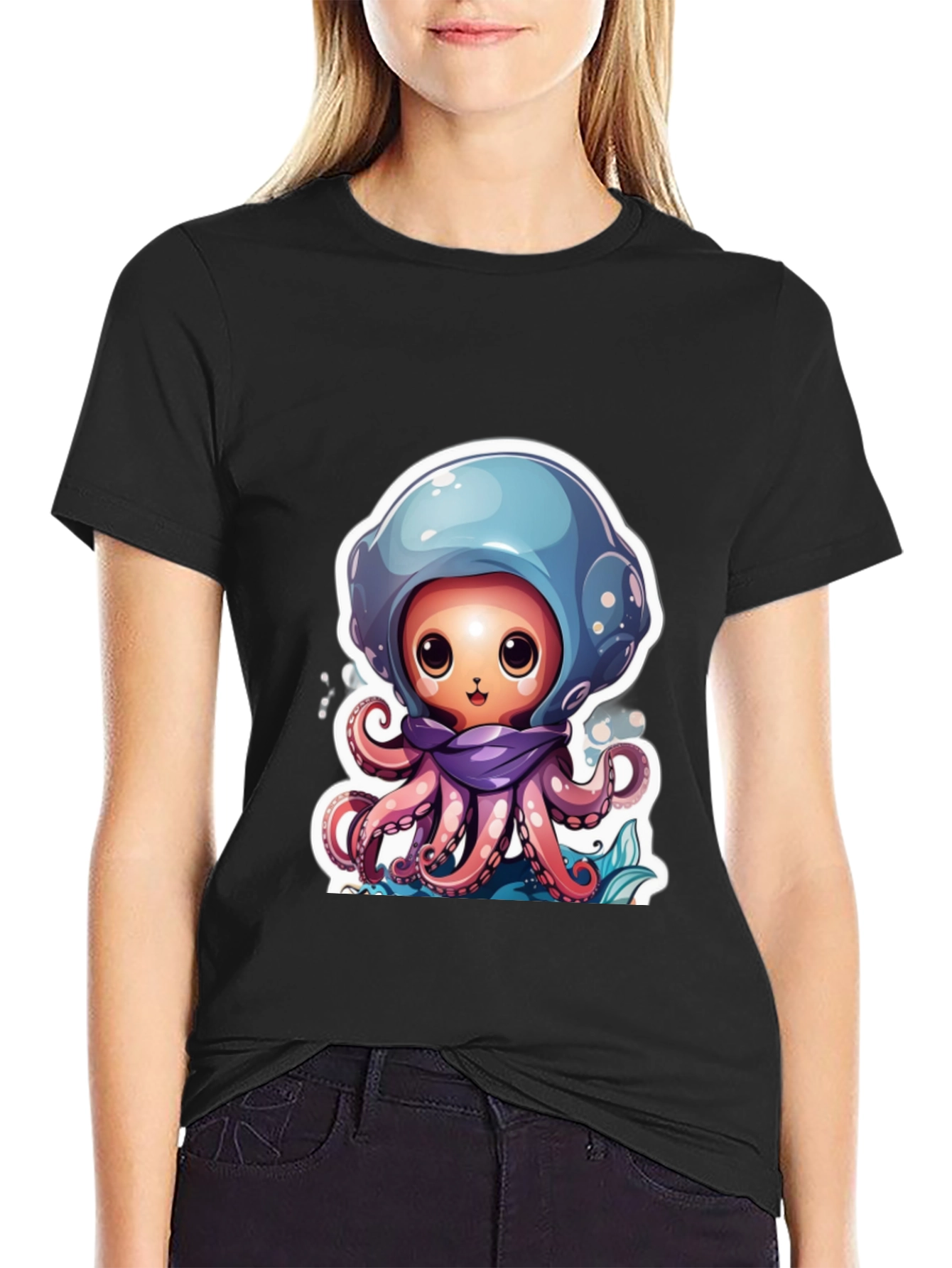 Cute Octopus Cartoon Black T-Shirt