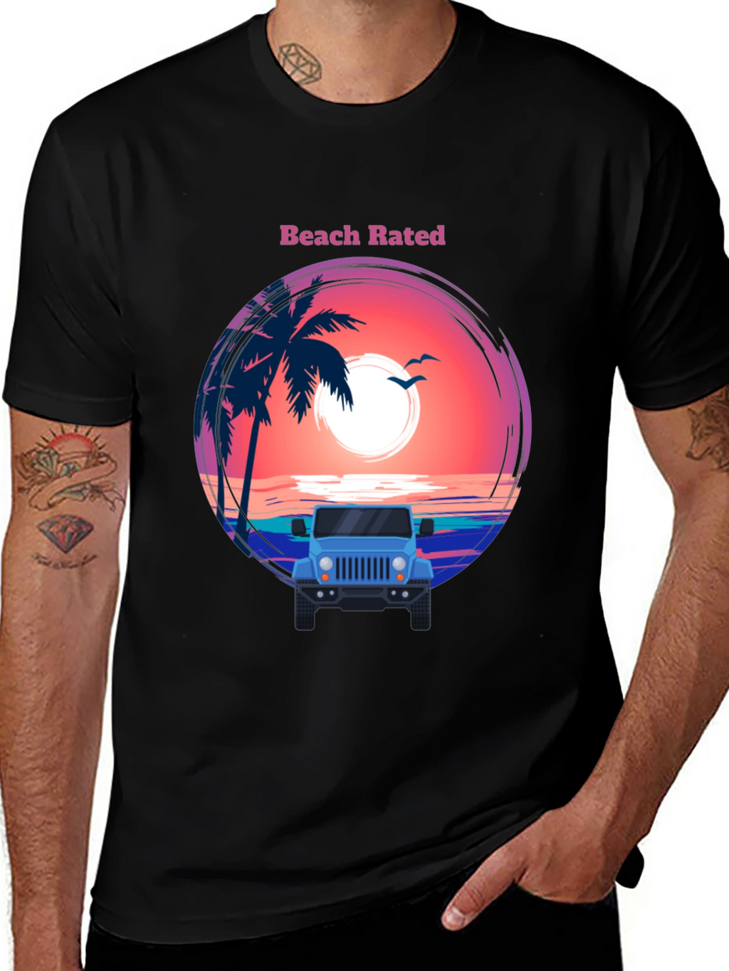 Beach Rated T-Shirt - Sunset & Jeep Design