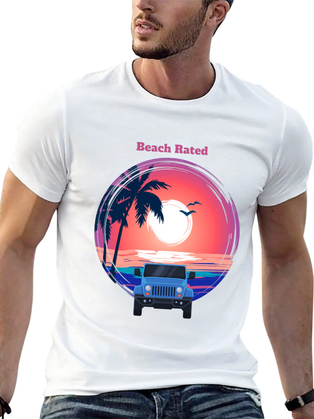 Beach Rated T-Shirt - Sunset & Jeep Design