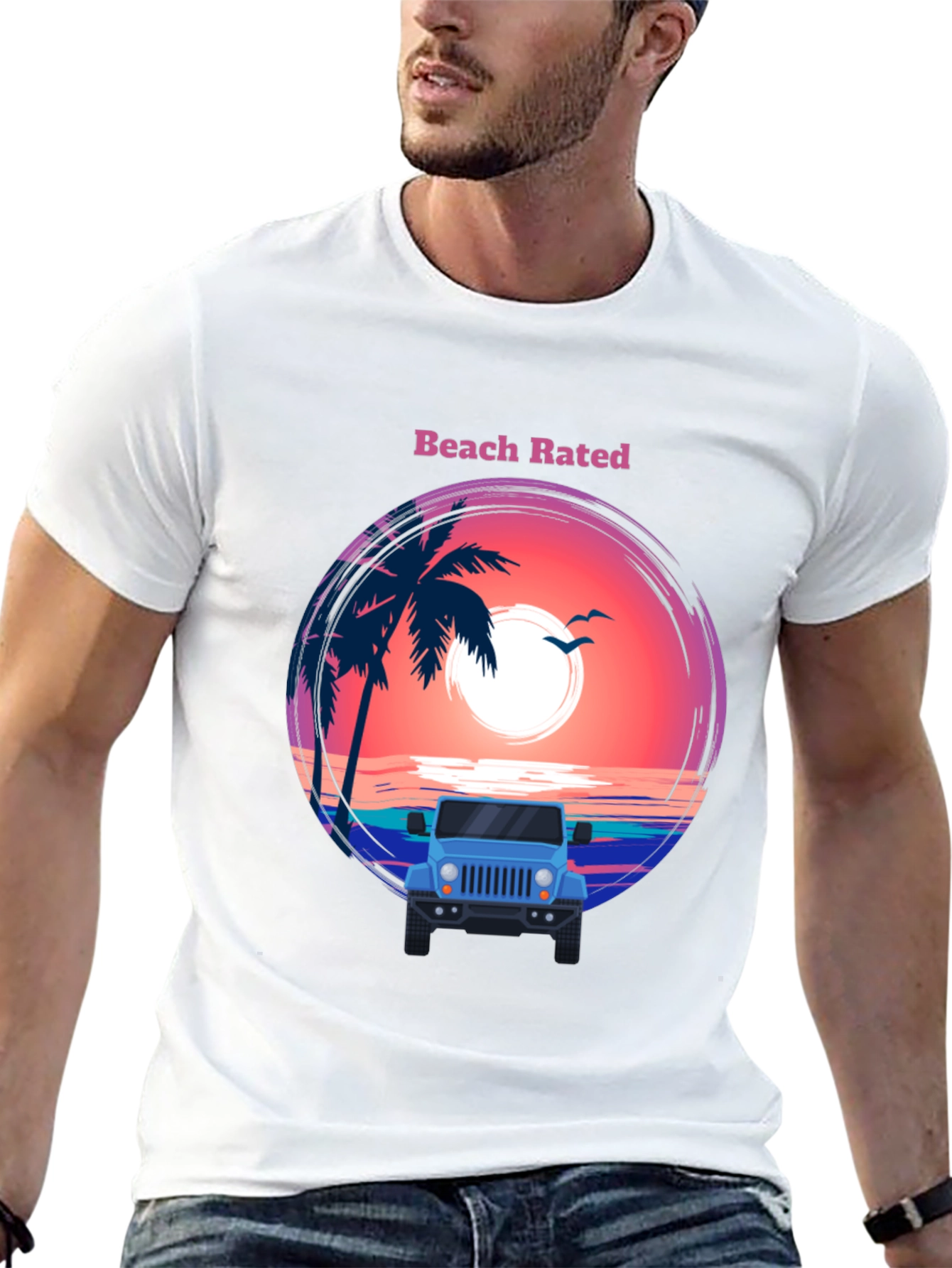 Beach Rated T-Shirt - Sunset & Jeep Design