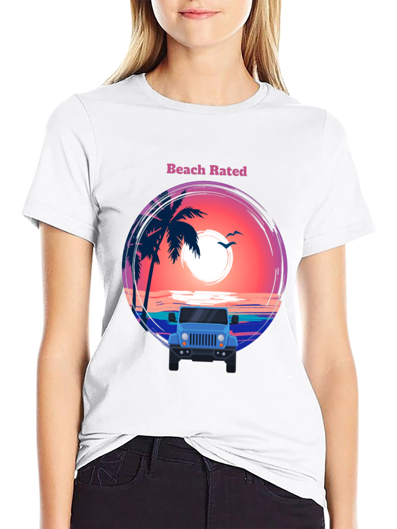 Beach Rated T-Shirt - Sunset & Jeep Design