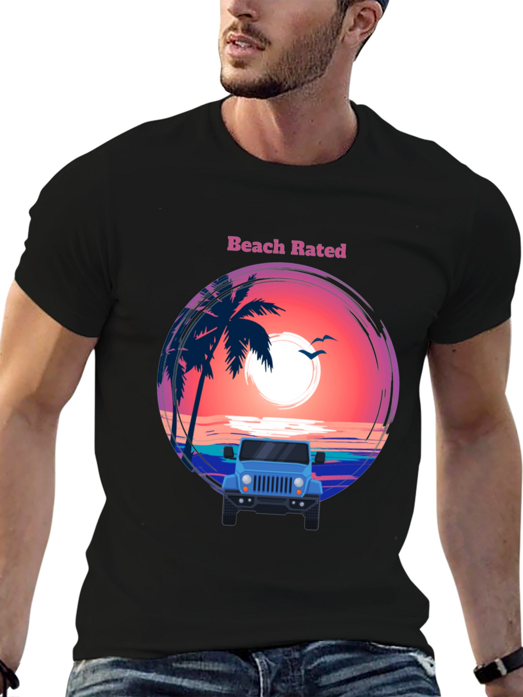 Beach Rated T-Shirt - Sunset & Jeep Design