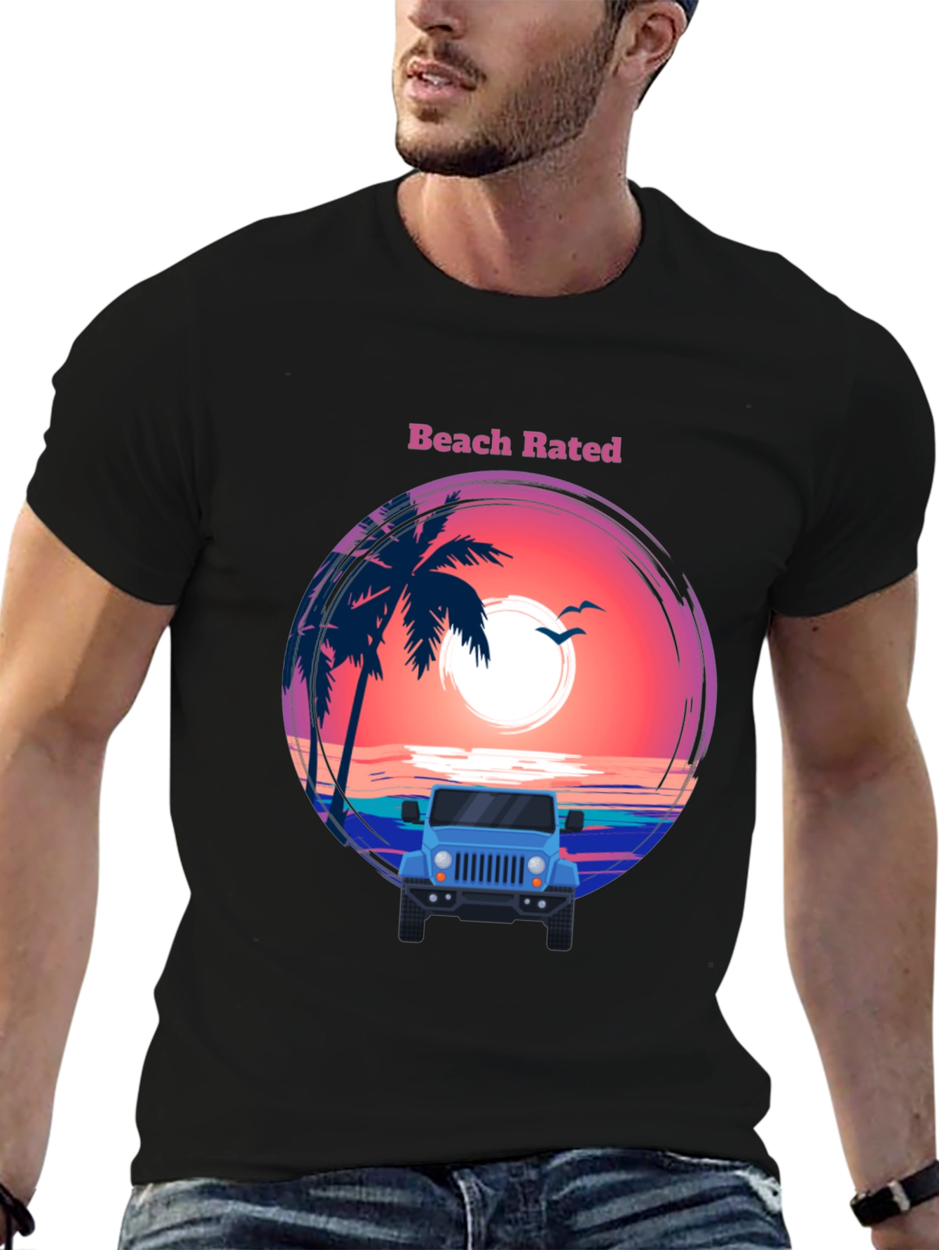 Beach Rated T-Shirt - Sunset & Jeep Design