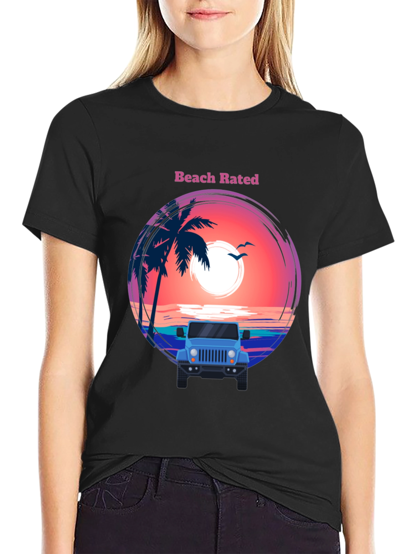 Beach Rated T-Shirt - Sunset & Jeep Design