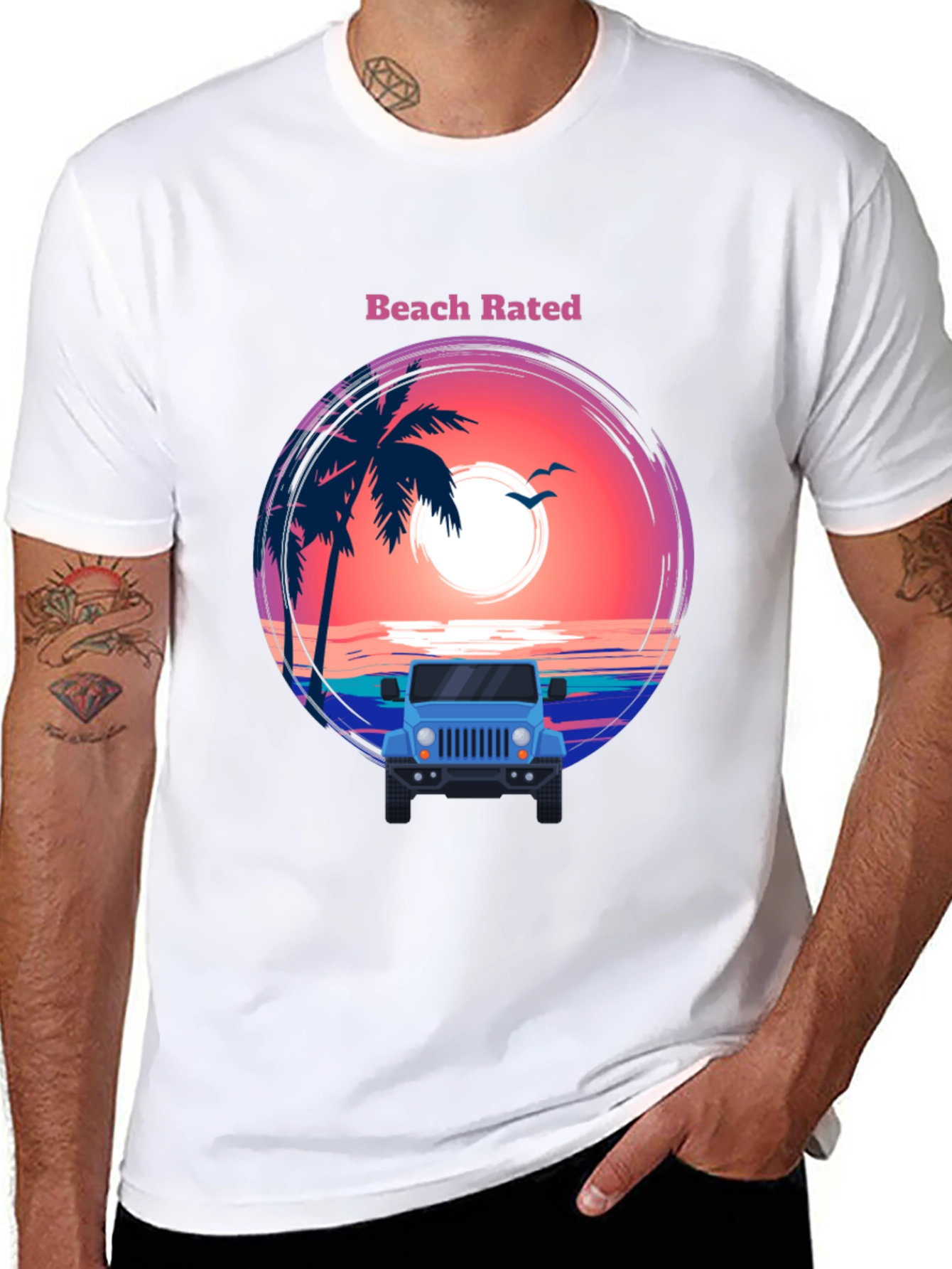 Beach Rated T-Shirt - Sunset & Jeep Design
