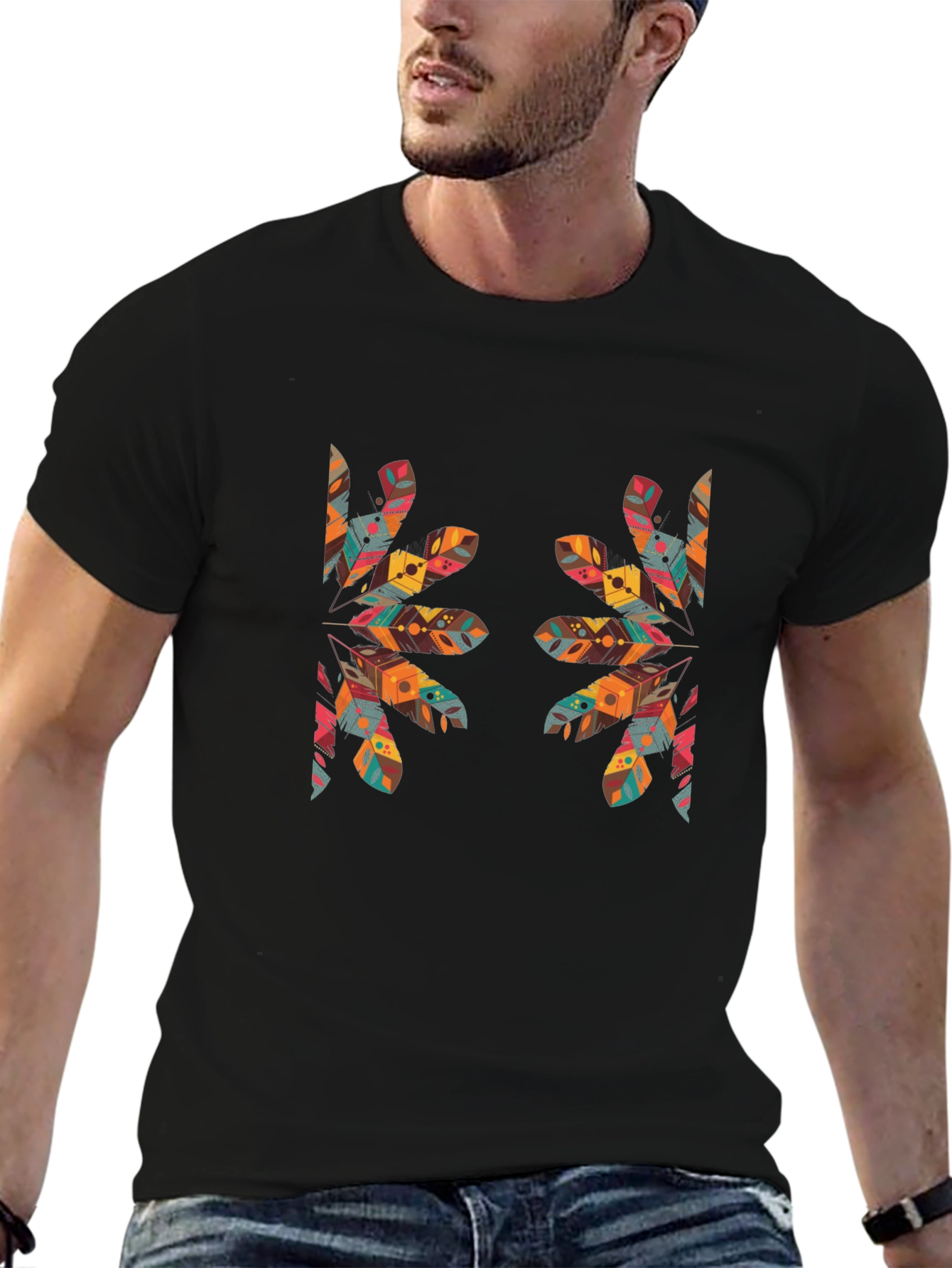 Tribal Feather Print Black T-Shirt