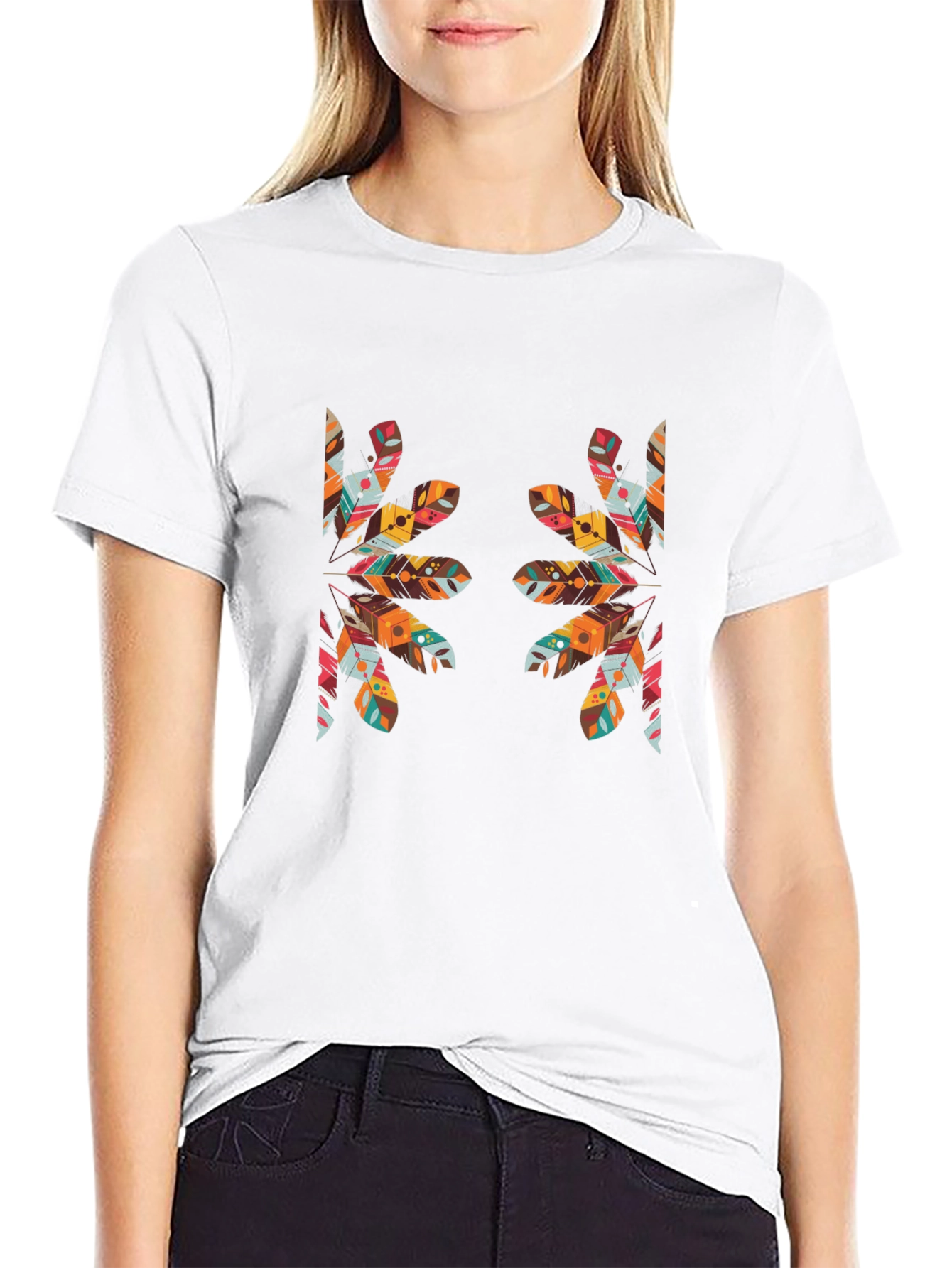 Tribal Feather Print Black T-Shirt