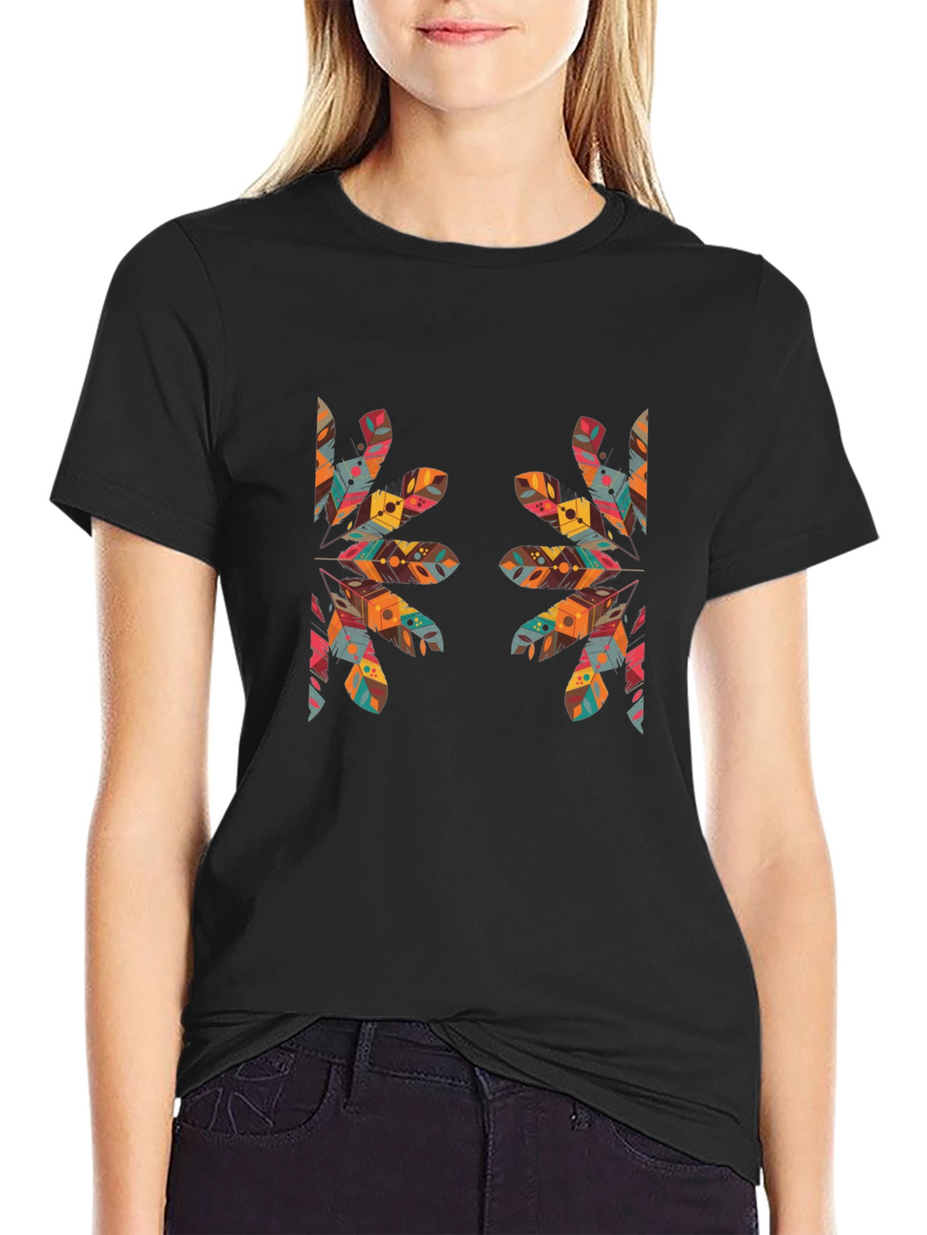 Tribal Feather Print Black T-Shirt