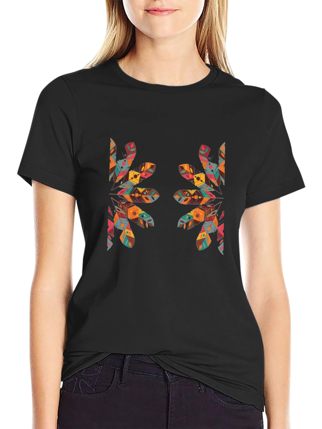 Tribal Feather Print Black T-Shirt