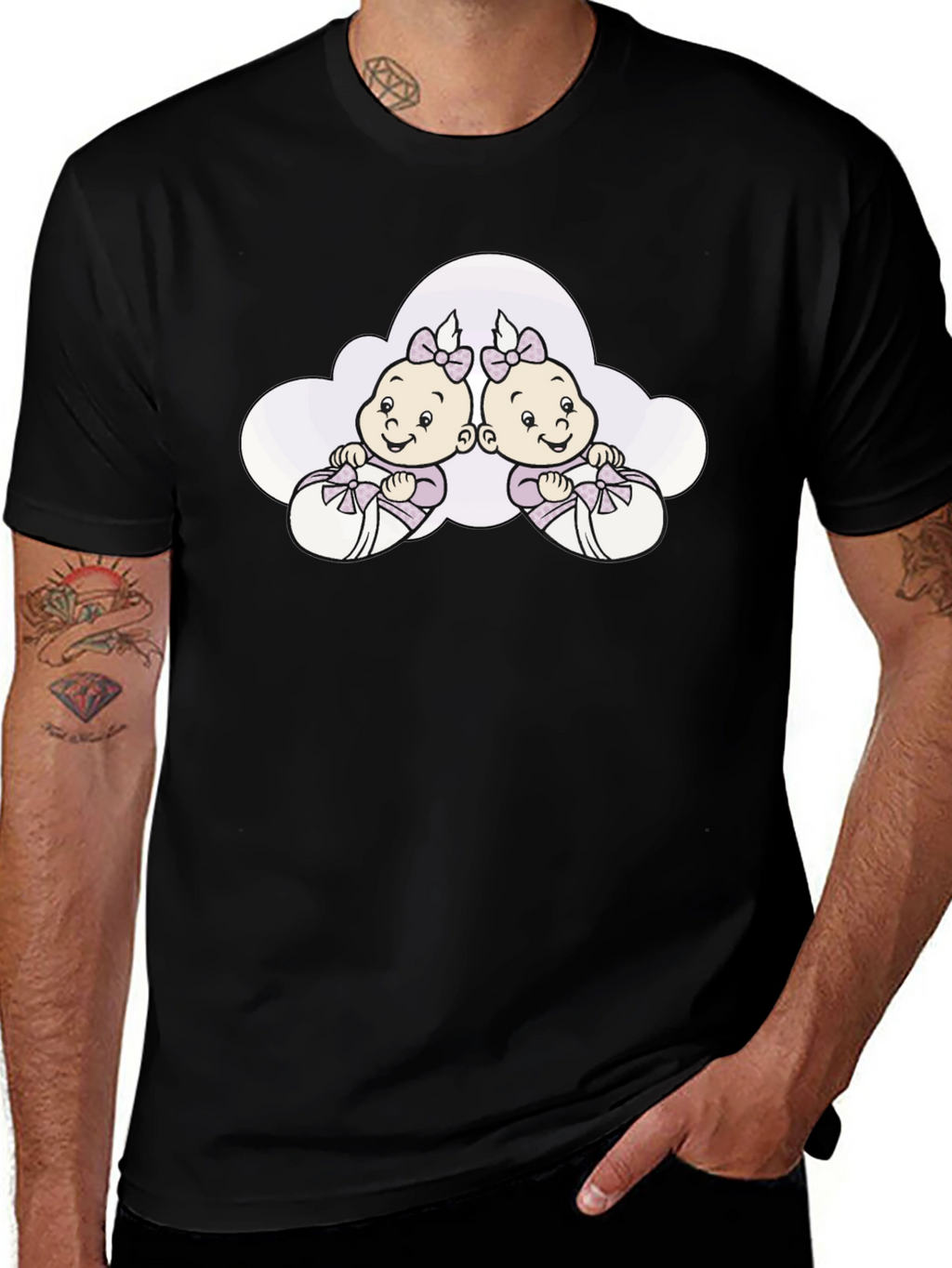 Cute Twins Baby Graphic Tee - Black Cotton T-Shirt