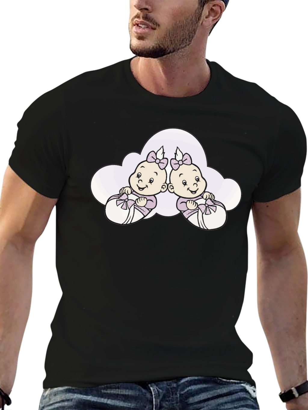 Cute Twins Baby Graphic Tee - Black Cotton T-Shirt