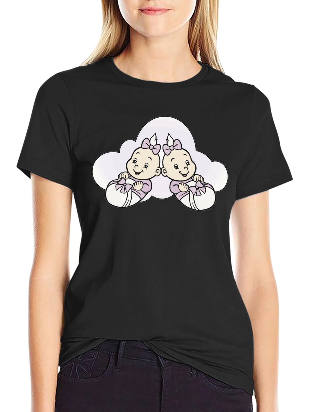Cute Twins Baby Graphic Tee - Black Cotton T-Shirt