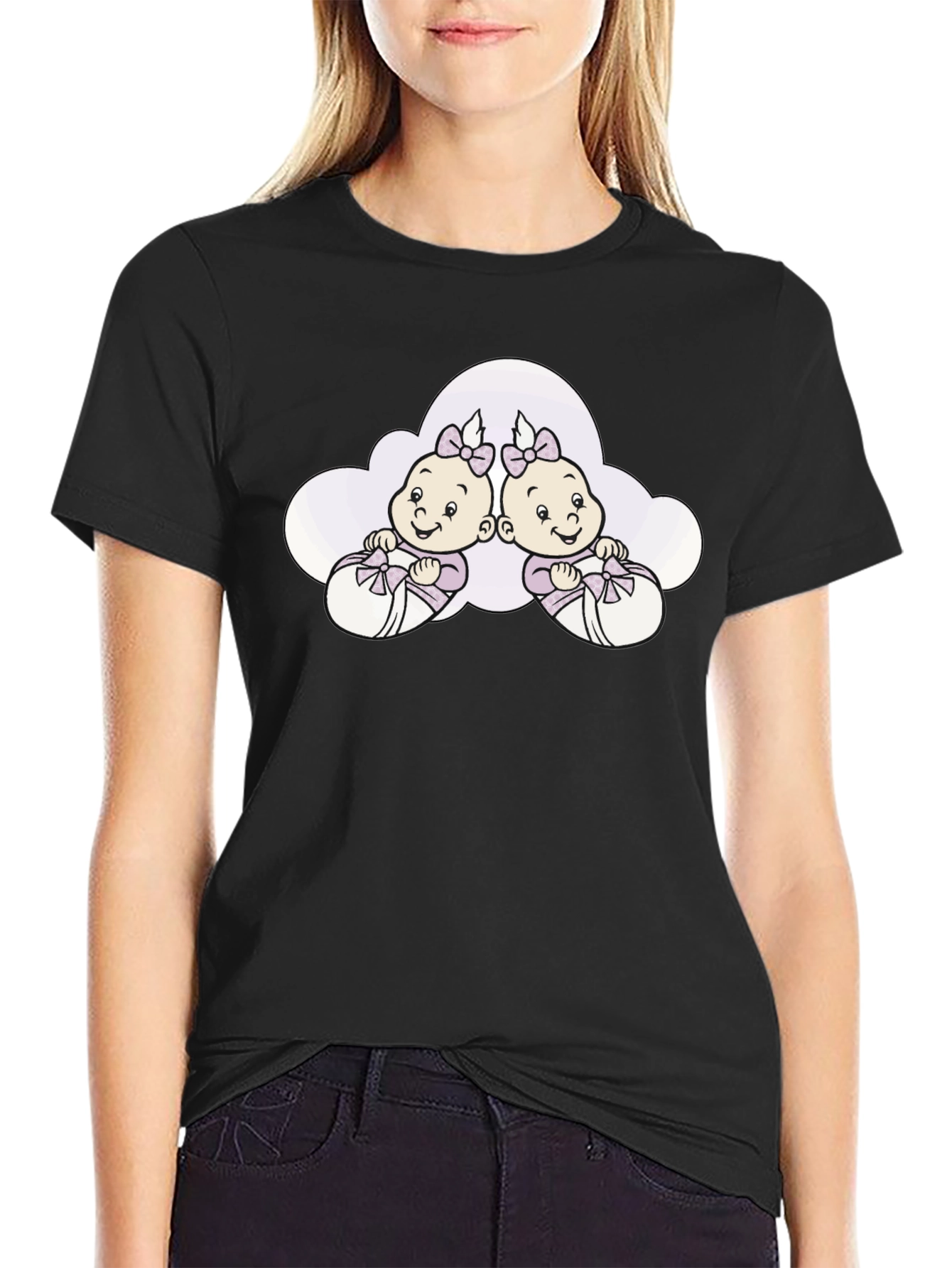 Cute Twins Baby Graphic Tee - Black Cotton T-Shirt