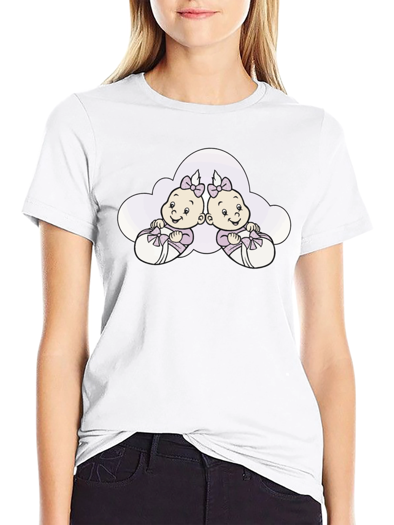 Cute Twins Baby Graphic Tee - Black Cotton T-Shirt