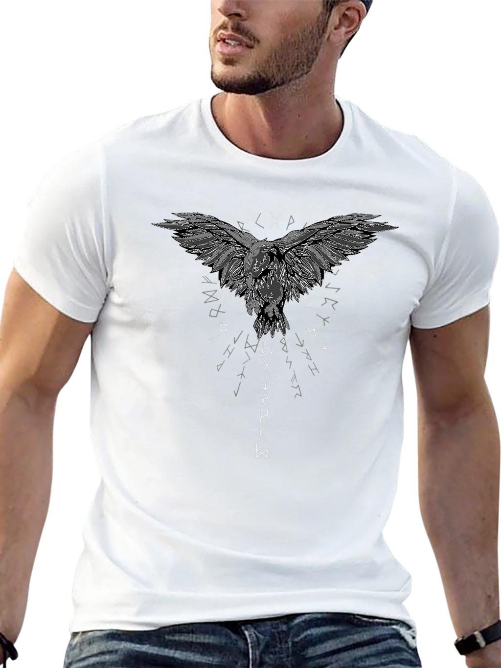Raven Graphic T-Shirt - Viking Runes Design