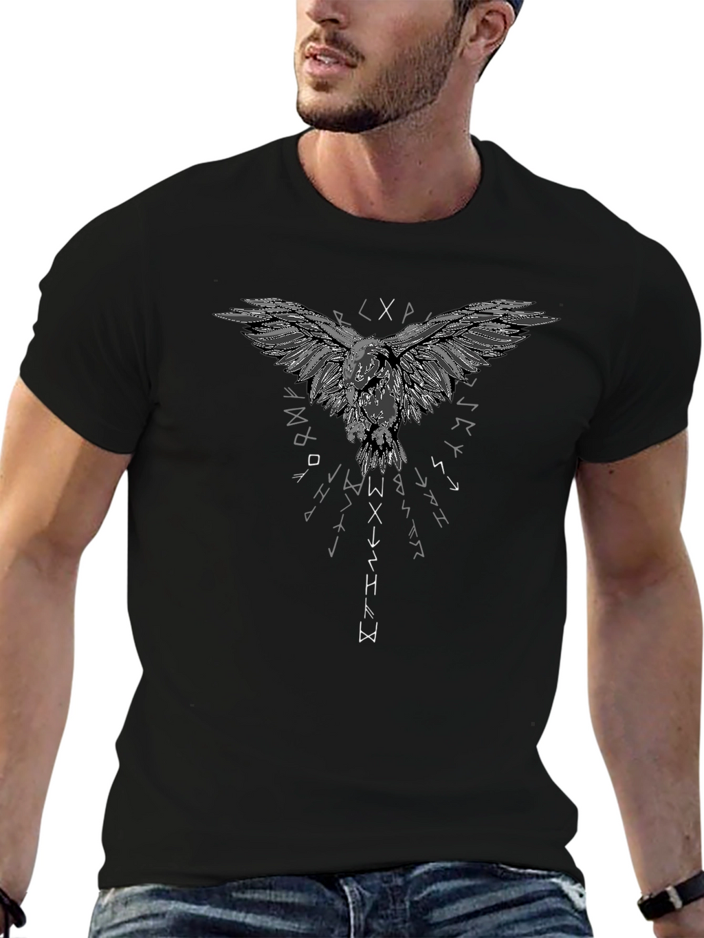 Raven Graphic T-Shirt - Viking Runes Design