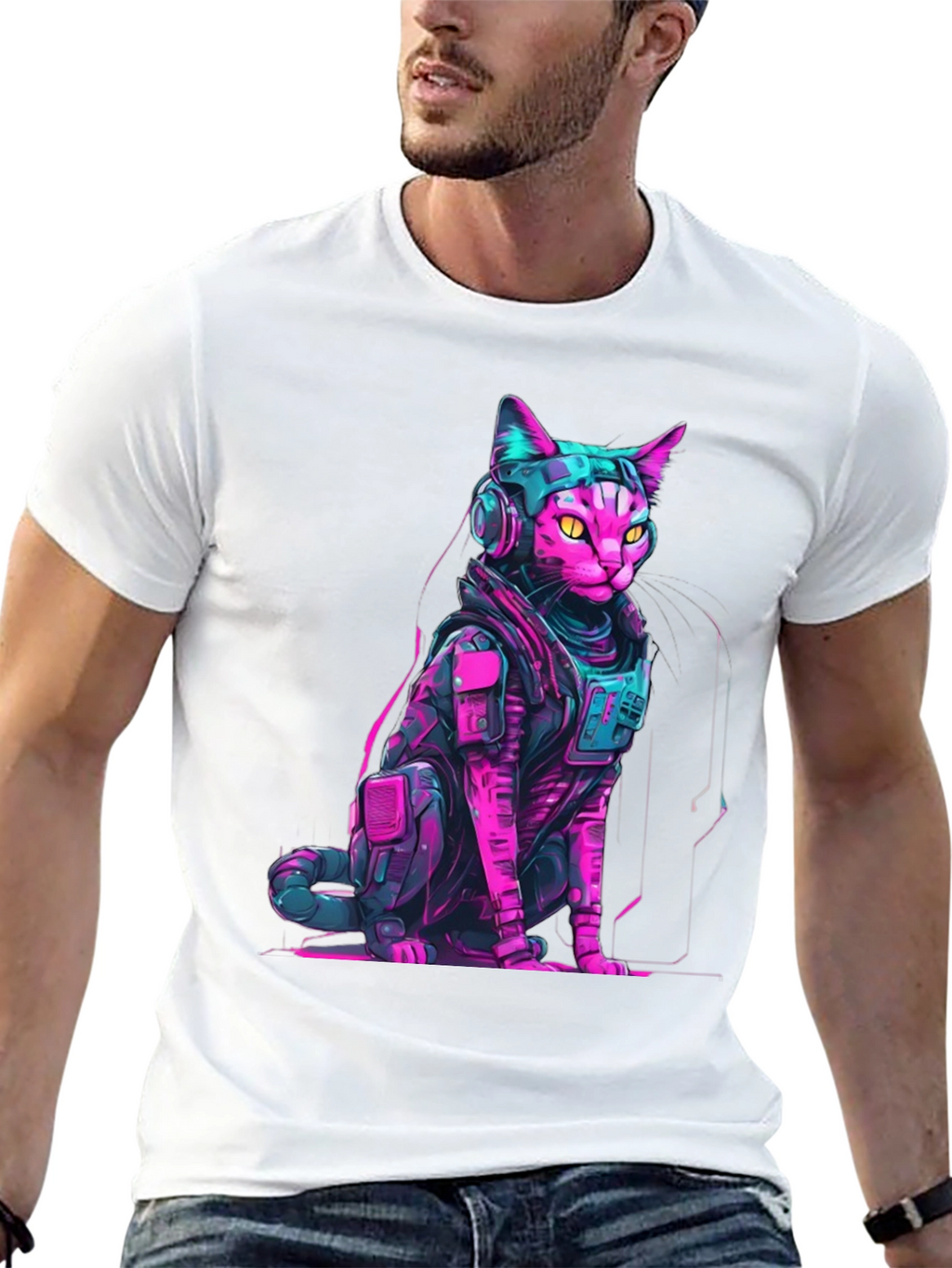 Cyberpunk Cat T-Shirt - Neon Futuristic Design
