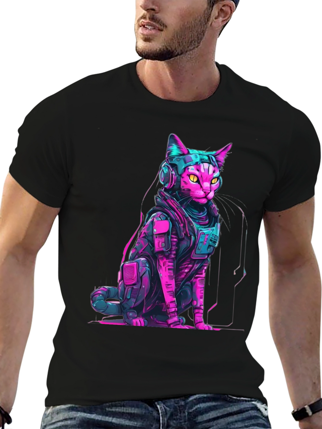 Cyberpunk Cat T-Shirt - Neon Futuristic Design