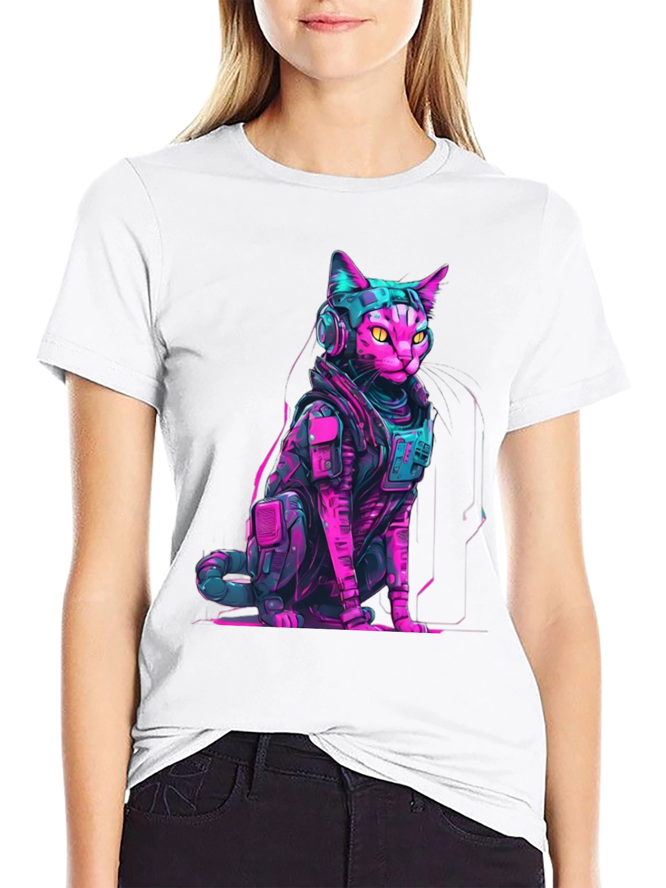 Cyberpunk Cat T-Shirt - Neon Futuristic Design
