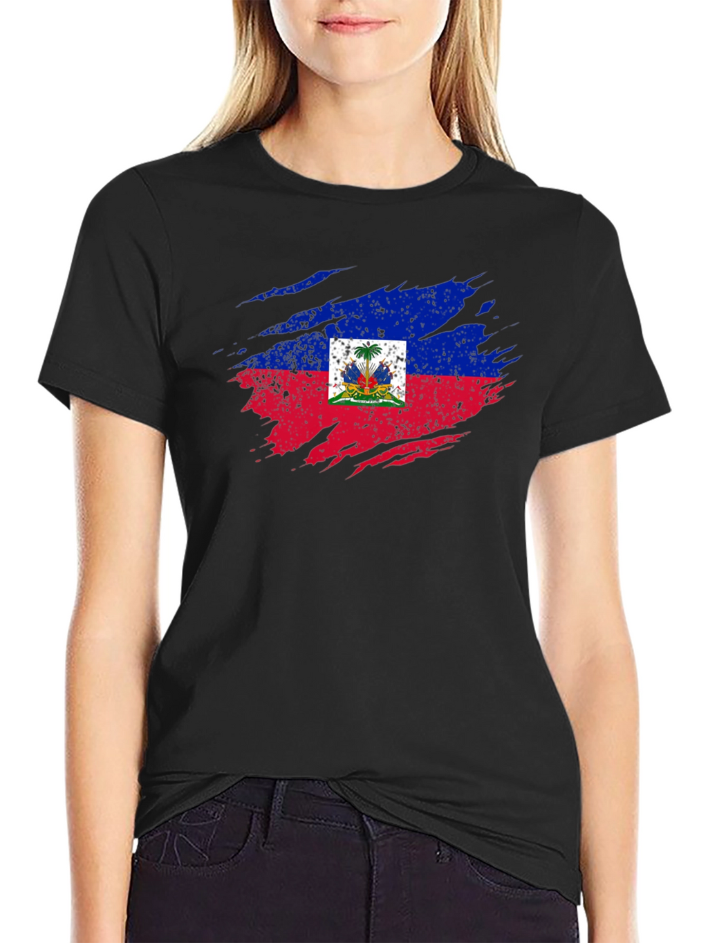Haiti Flag Distressed Black T-Shirt