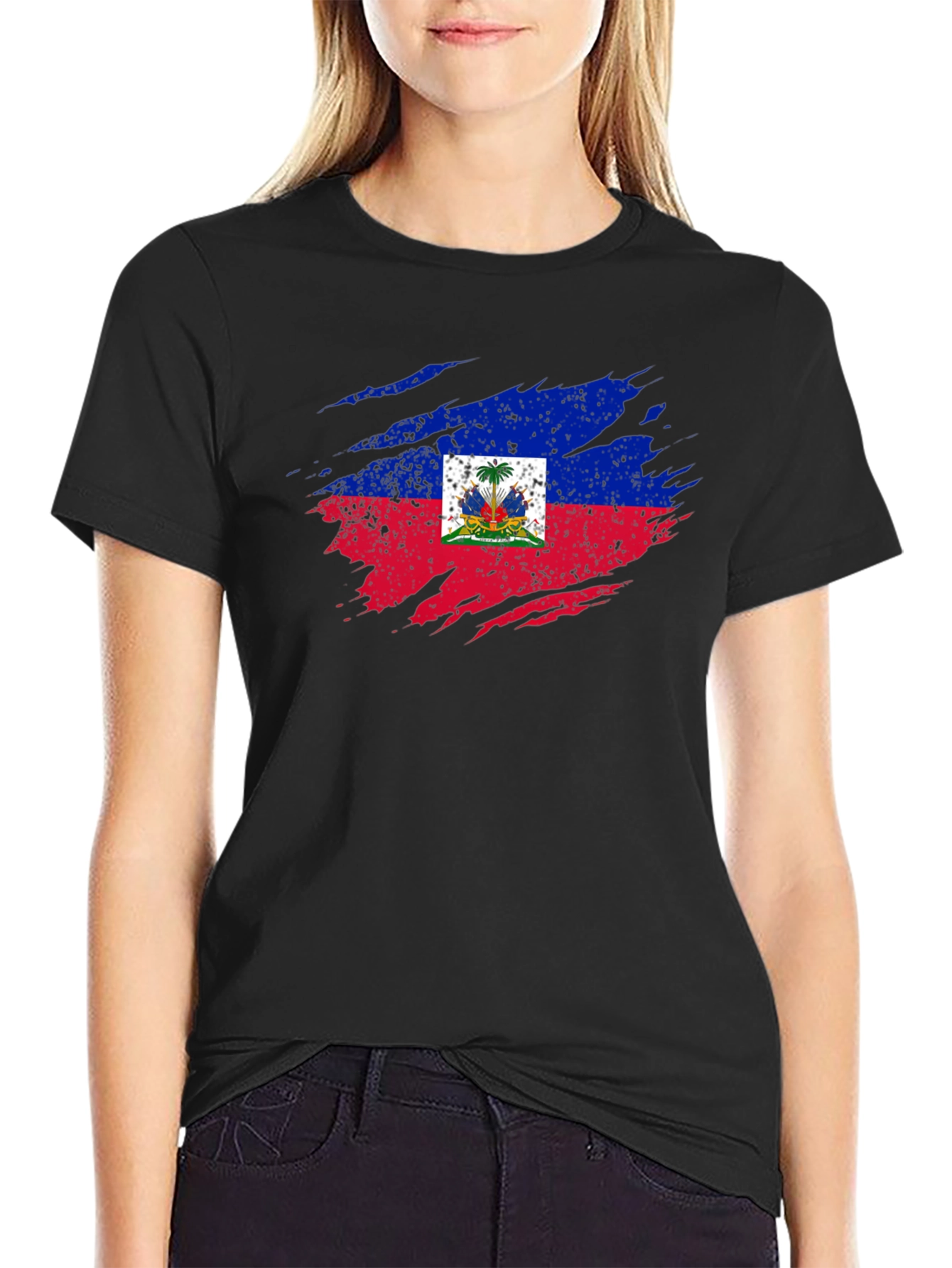 Haiti Flag Distressed Black T-Shirt