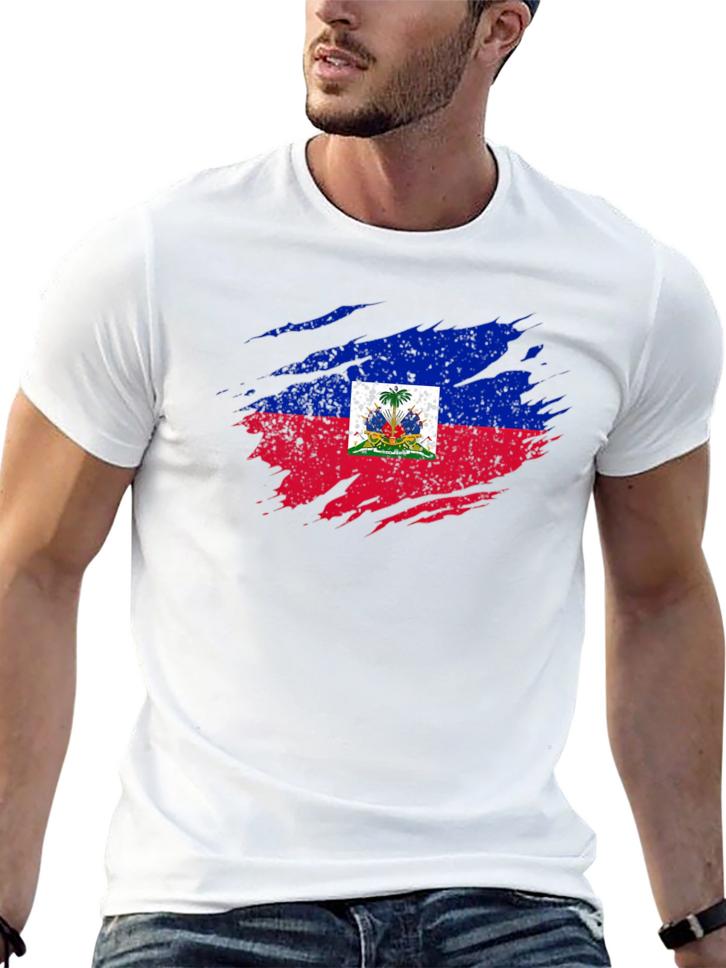 Haiti Flag Distressed Black T-Shirt