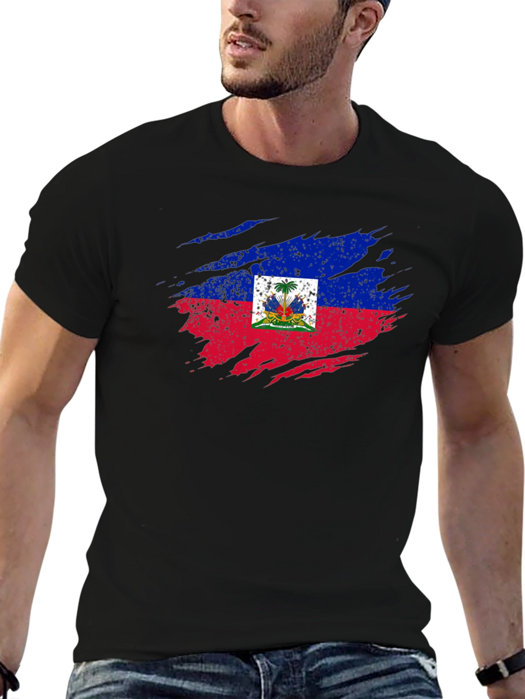 Haiti Flag Distressed Black T-Shirt