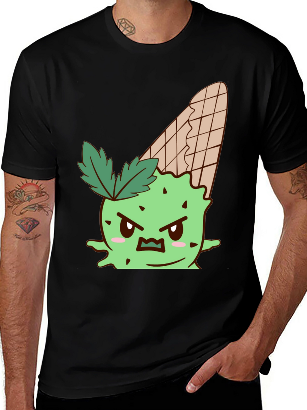 Mens Black T-Shirt with Angry Ice Cream Cone Graphic