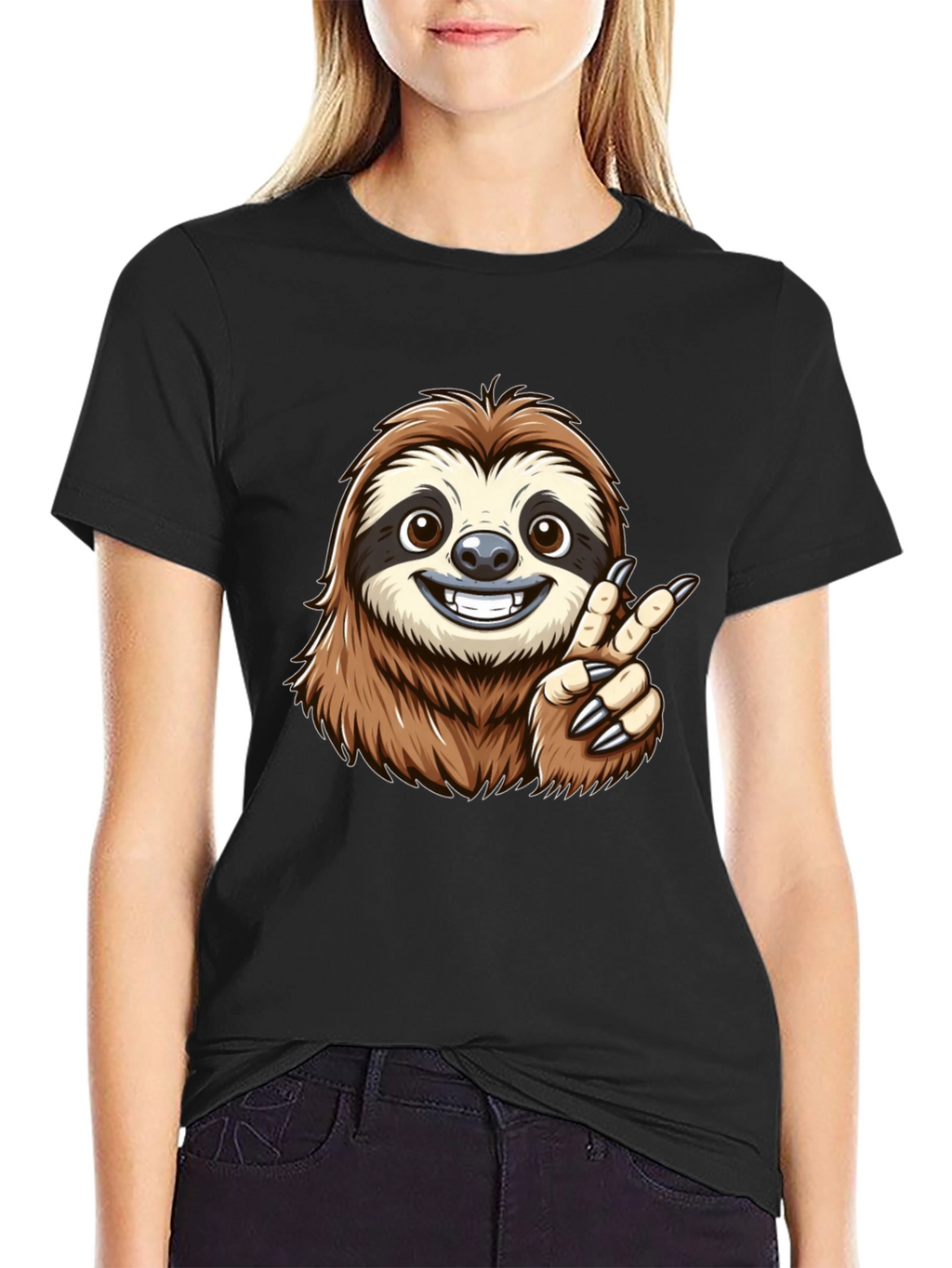Sloth Peace Sign Black T-Shirt