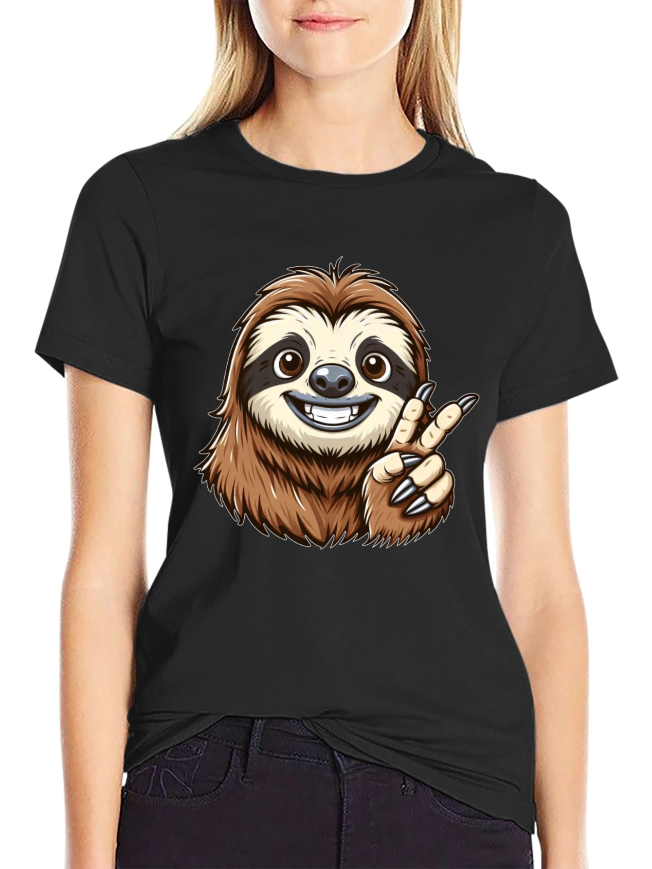 Sloth Peace Sign Black T-Shirt