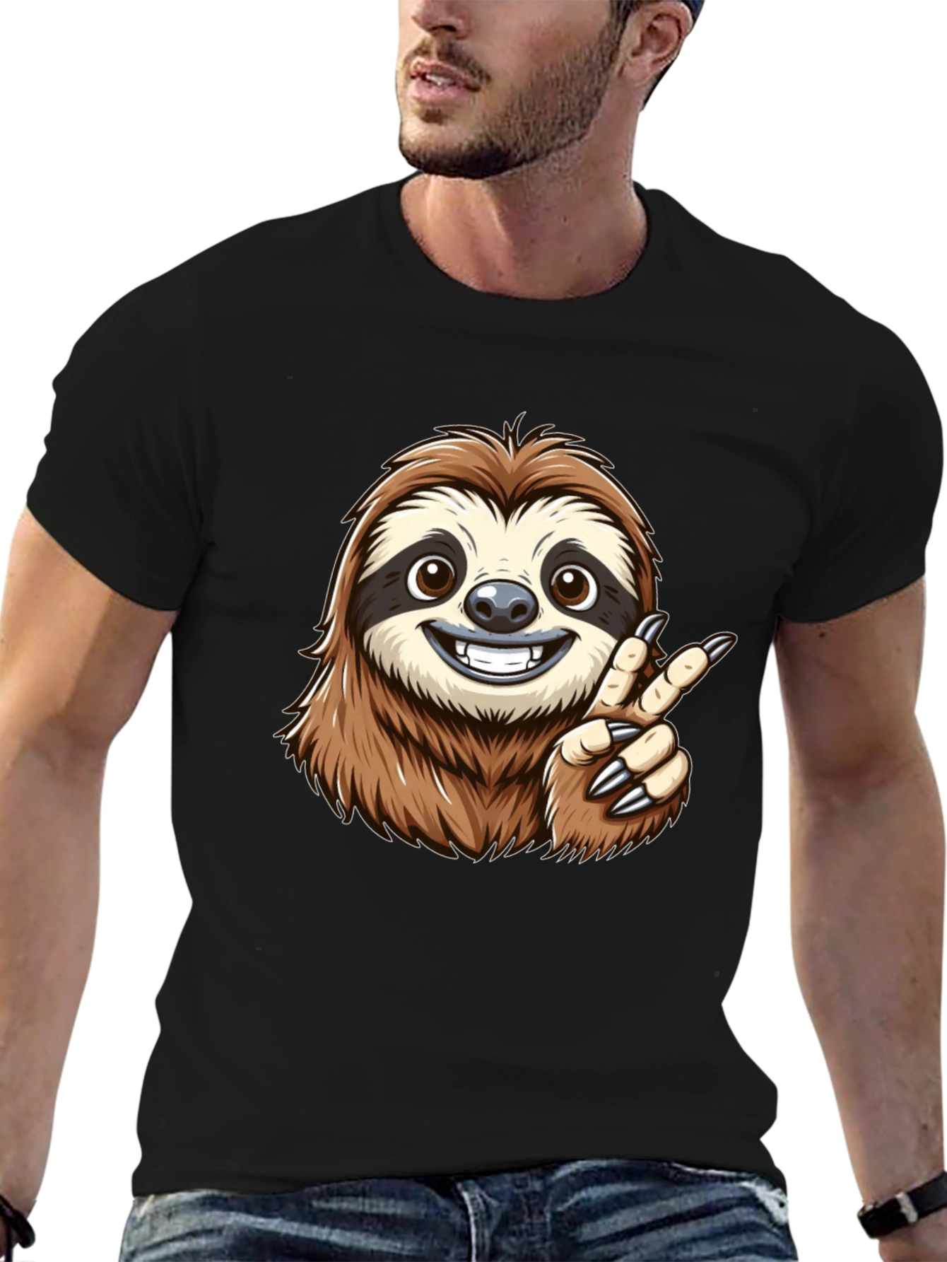 Sloth Peace Sign Black T-Shirt