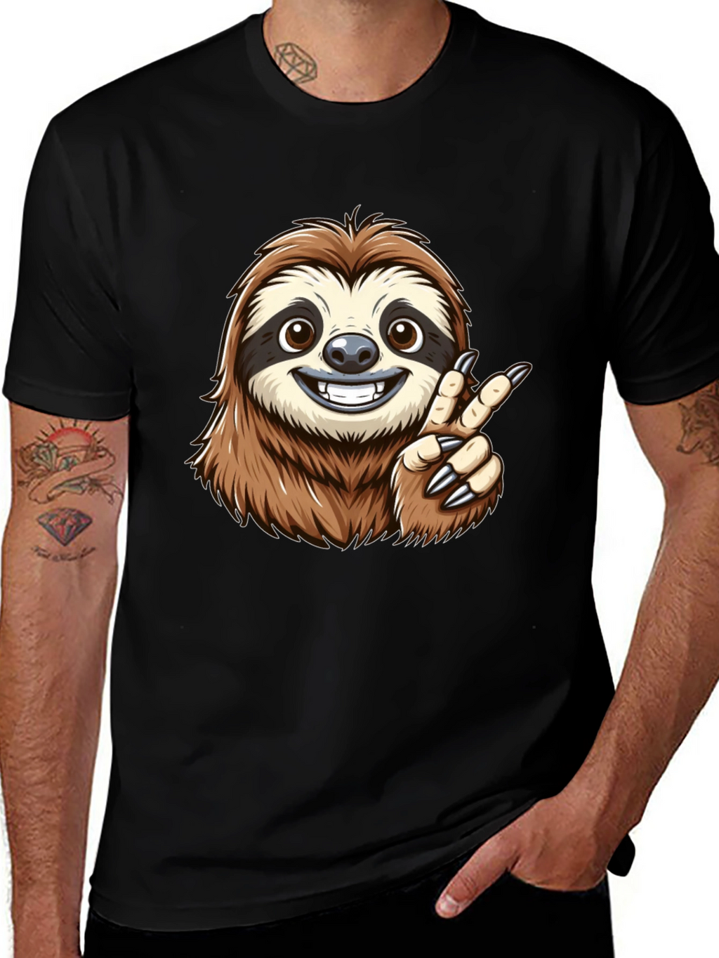 Sloth Peace Sign Black T-Shirt