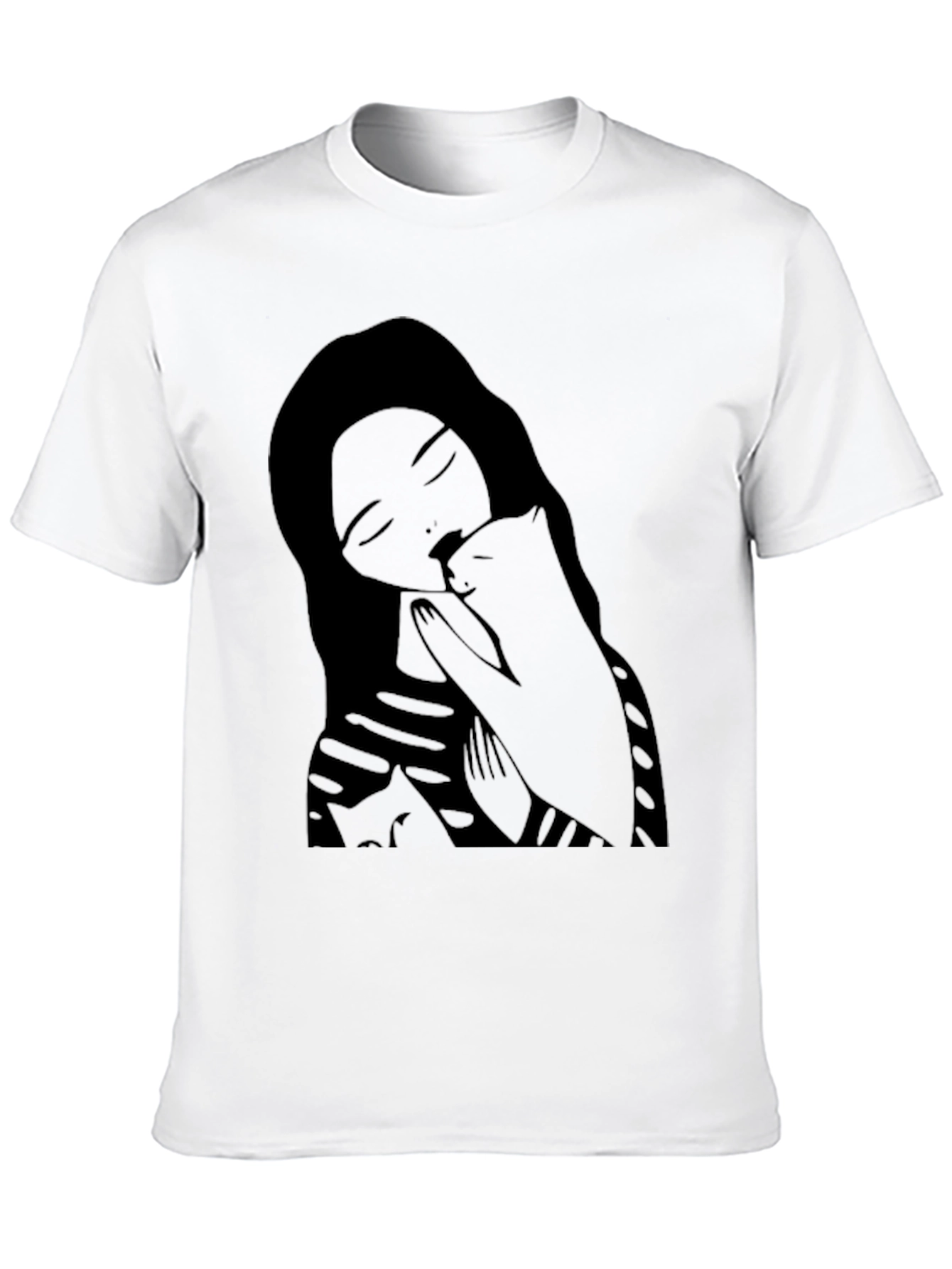 Woman and Cat Graphic Black Tee Shirt