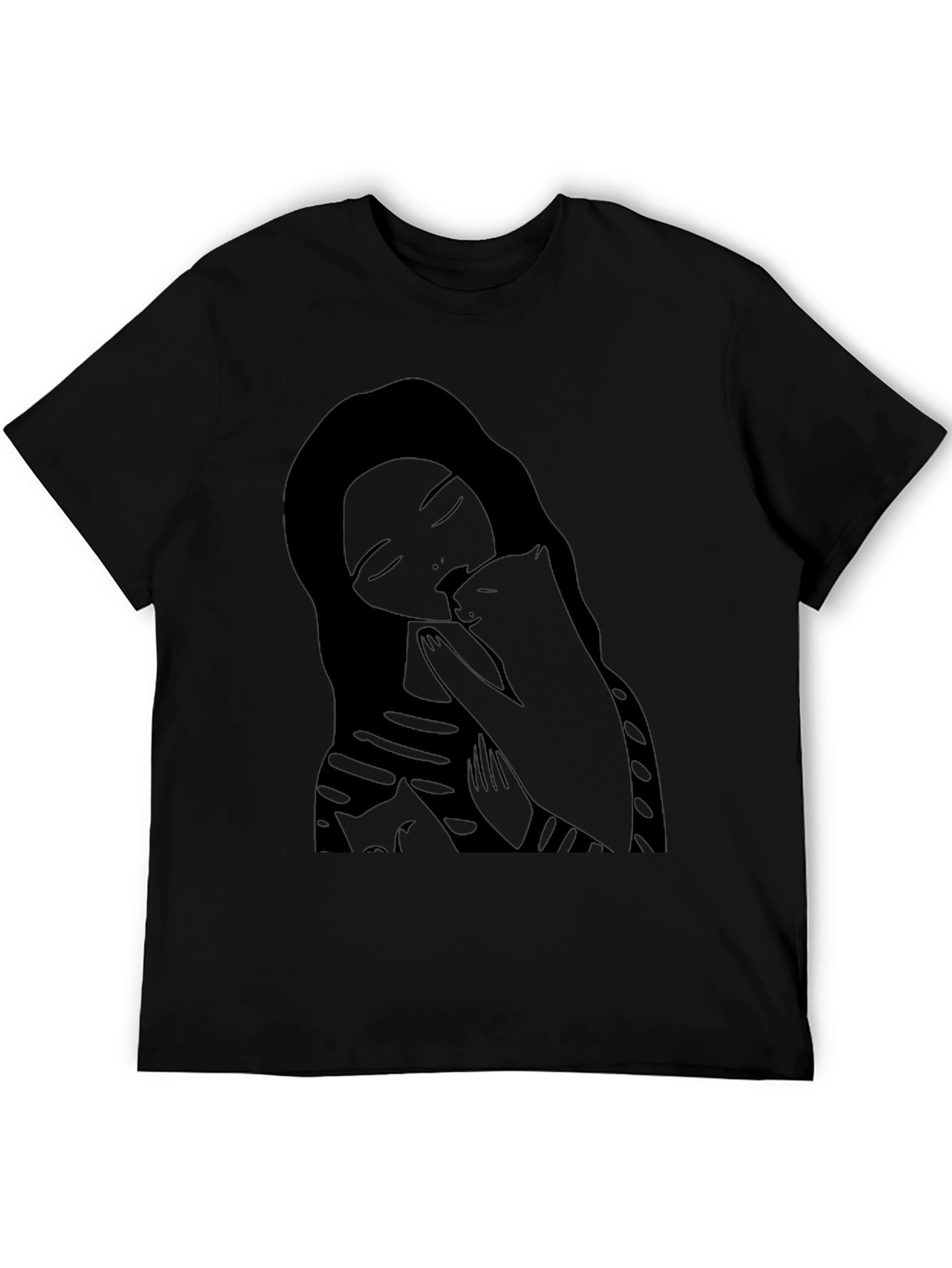 Woman and Cat Graphic Black Tee Shirt