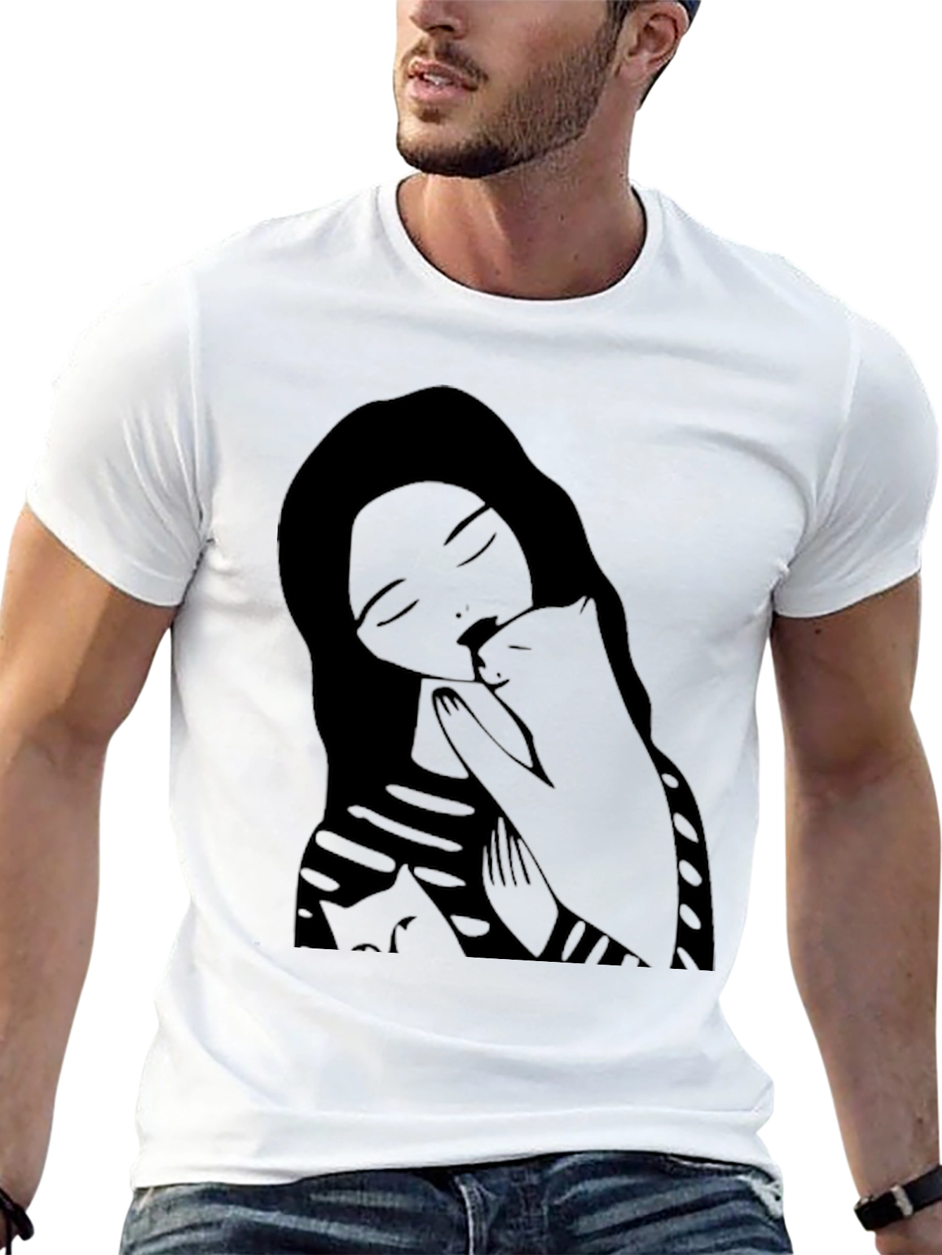 Woman and Cat Graphic Black Tee Shirt