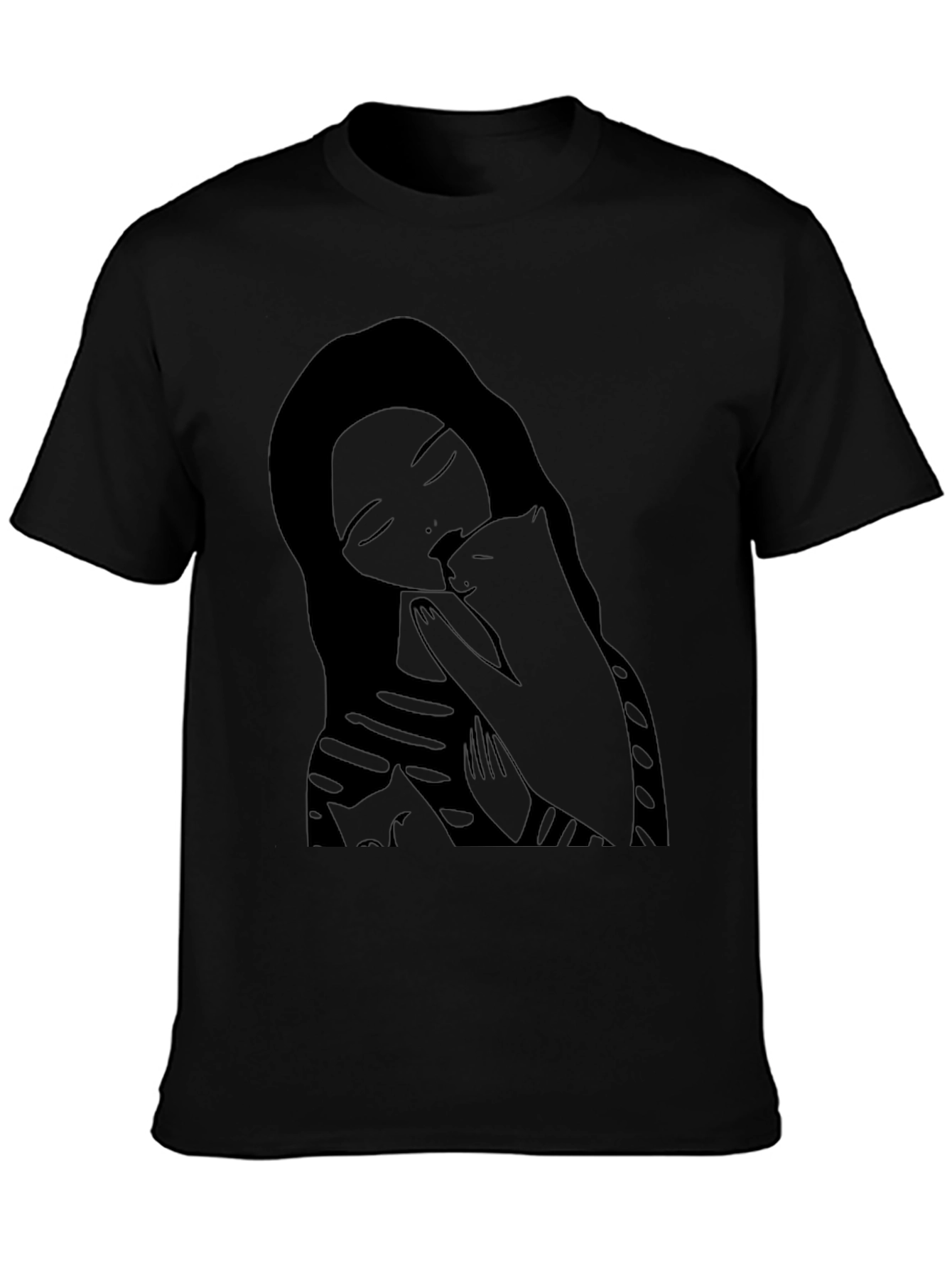 Woman and Cat Graphic Black Tee Shirt
