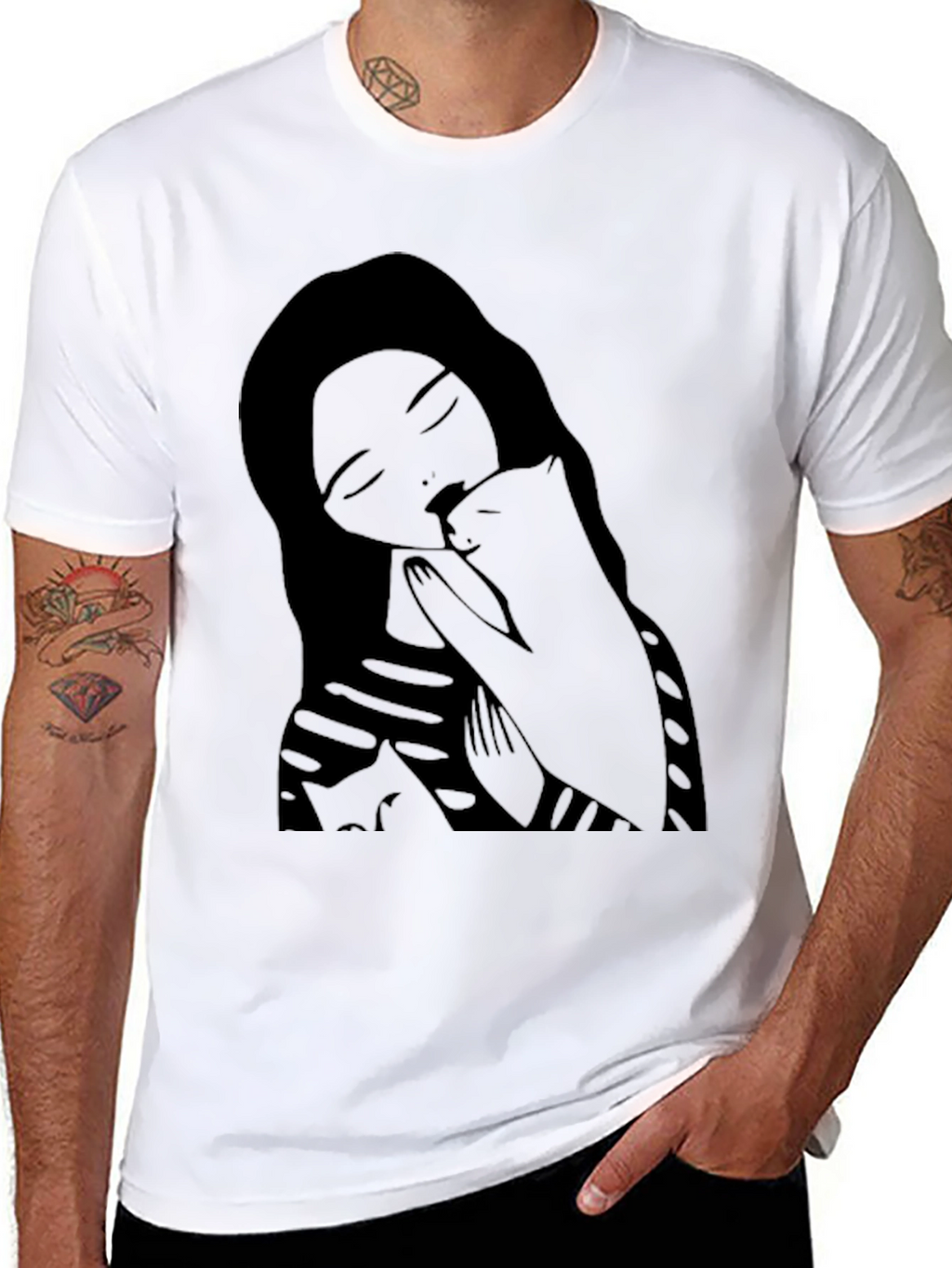 Woman and Cat Graphic Black Tee Shirt